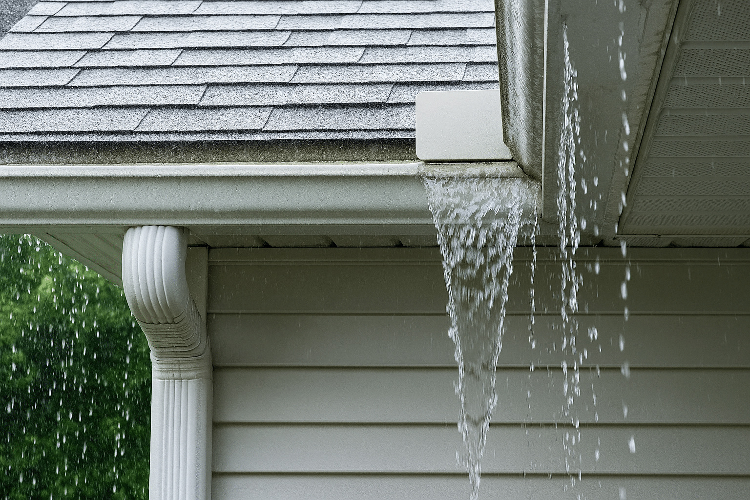 A gutter during a rain storm that is leaking
