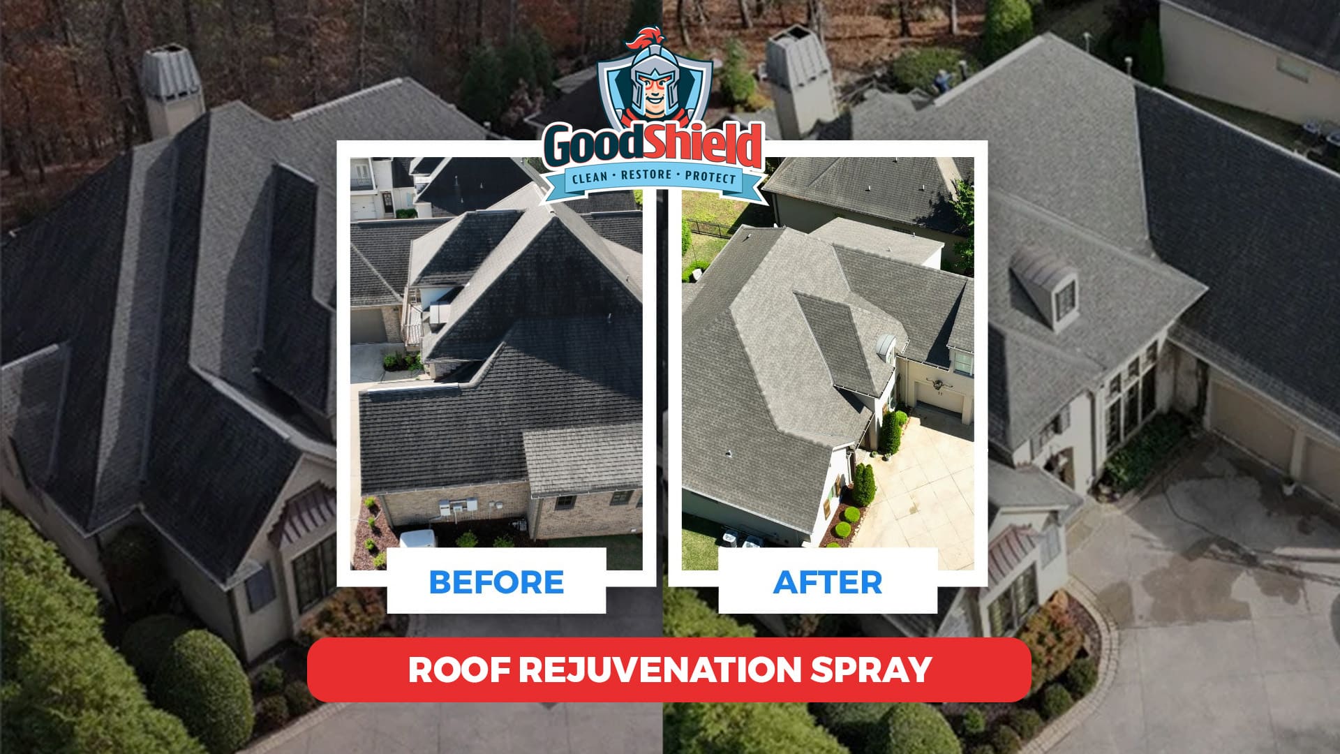 Before and after pictures of a roof after goodshield roof restoration