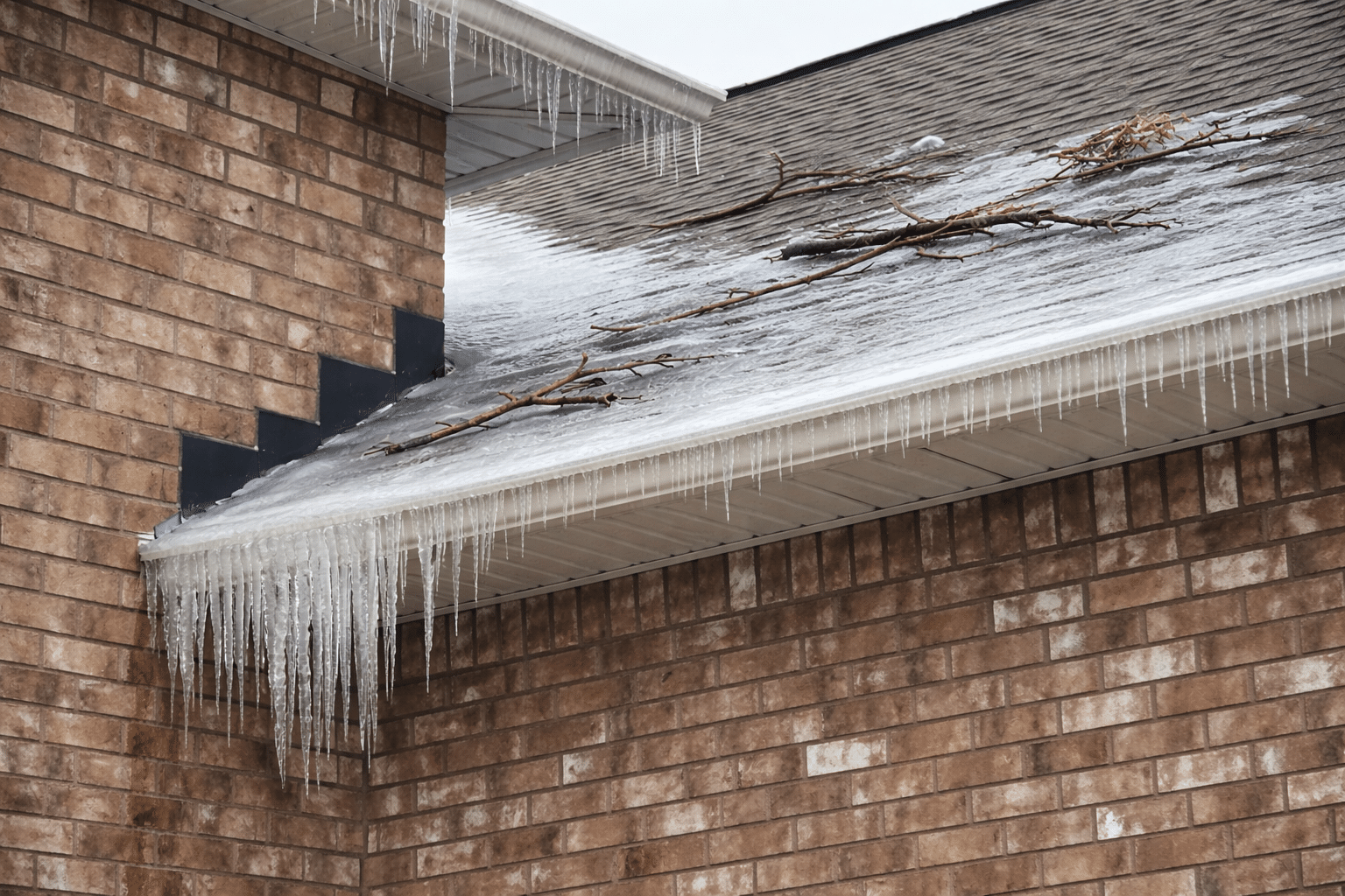 Branches on a roof with ice after a storm