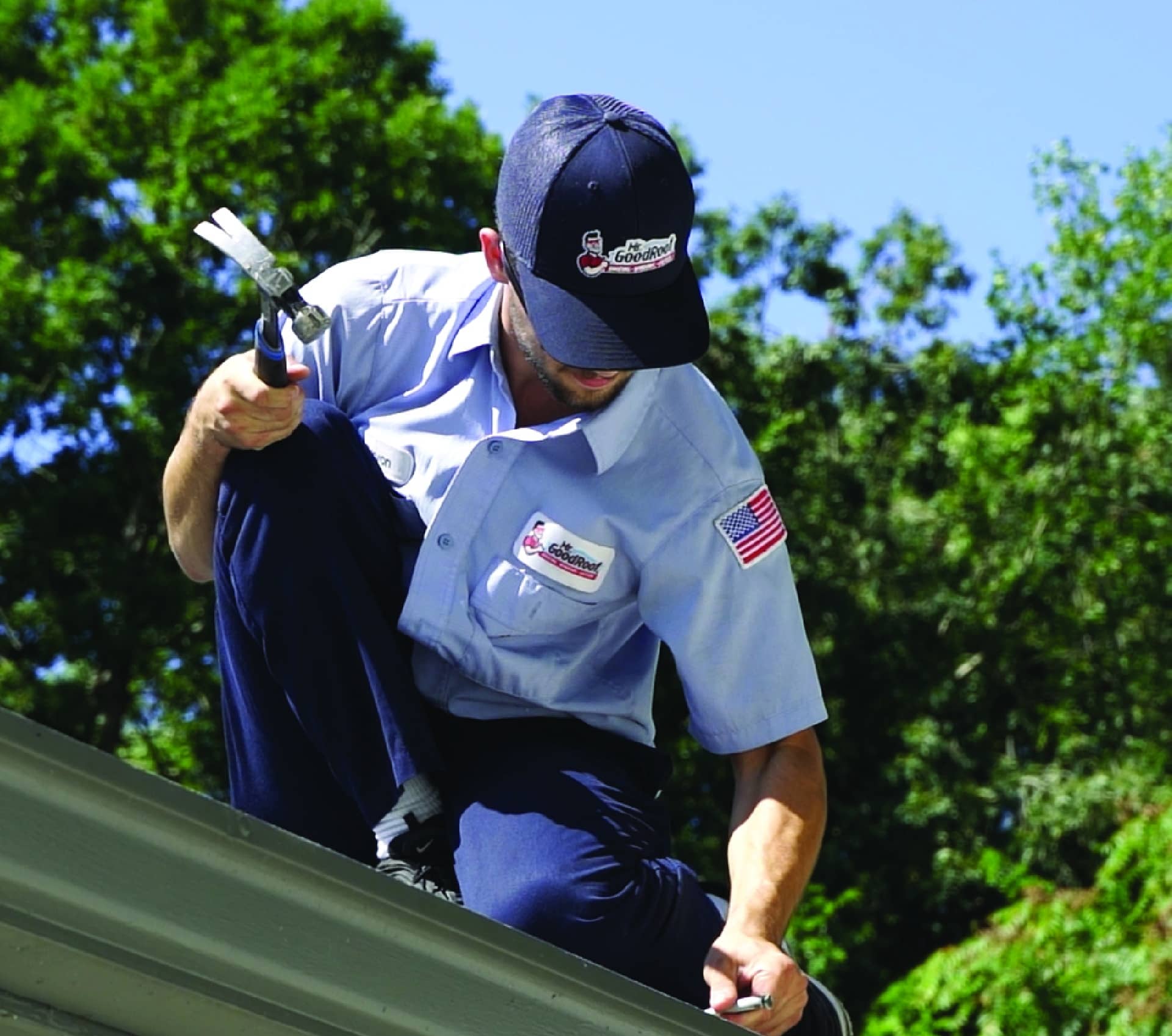 A mr goodroof technician working a on roof repair in Nashville tn