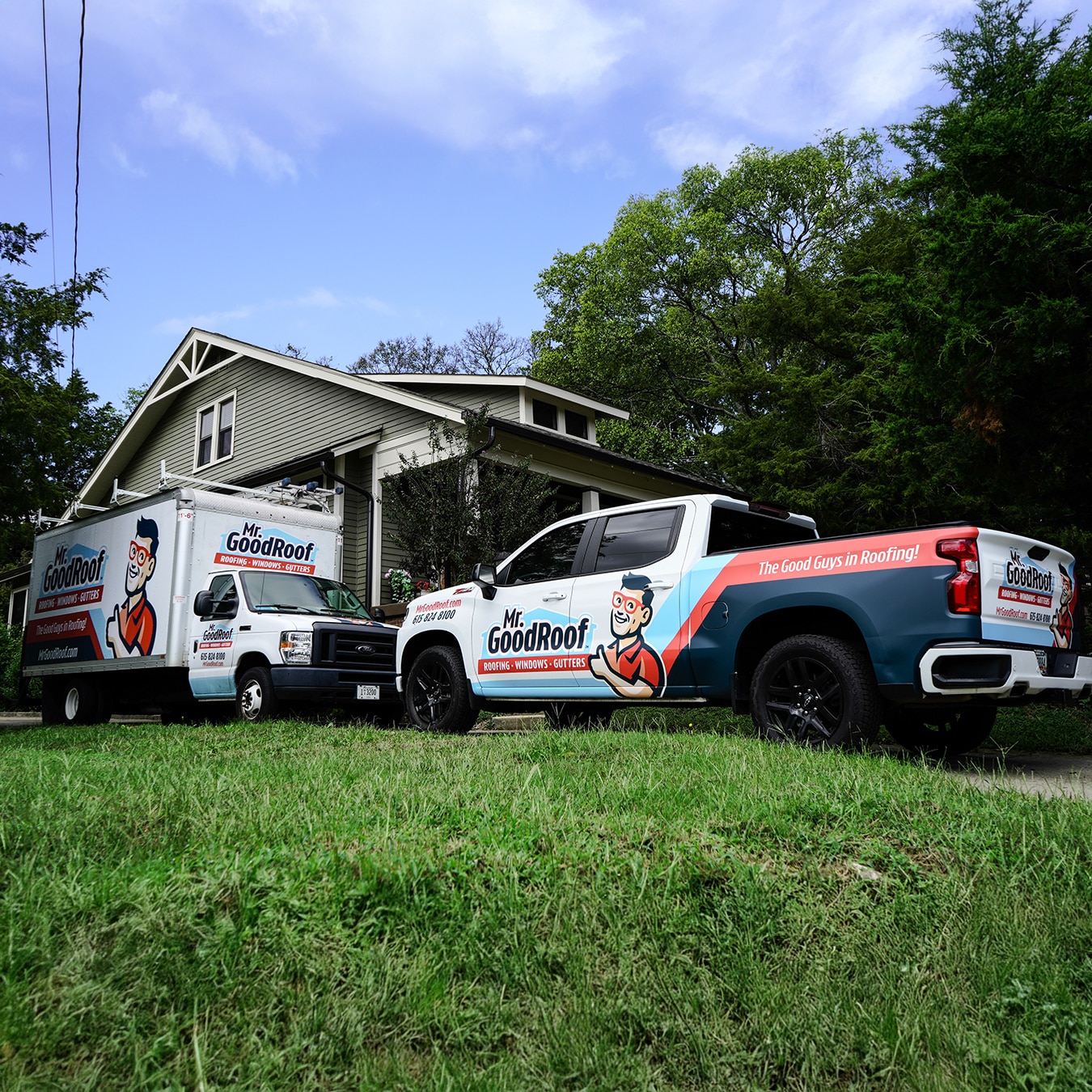 Mr. GoodRoof truck in front of a Middle Tennessee home