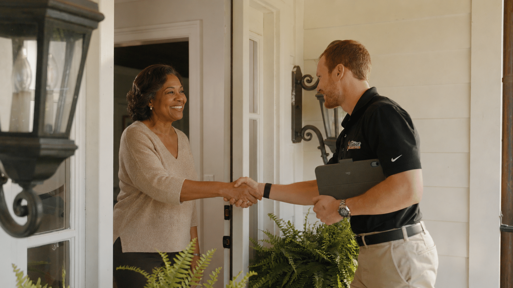 Mr. GoodRoof team member greeting a homeowner at the front door for a roof inspection