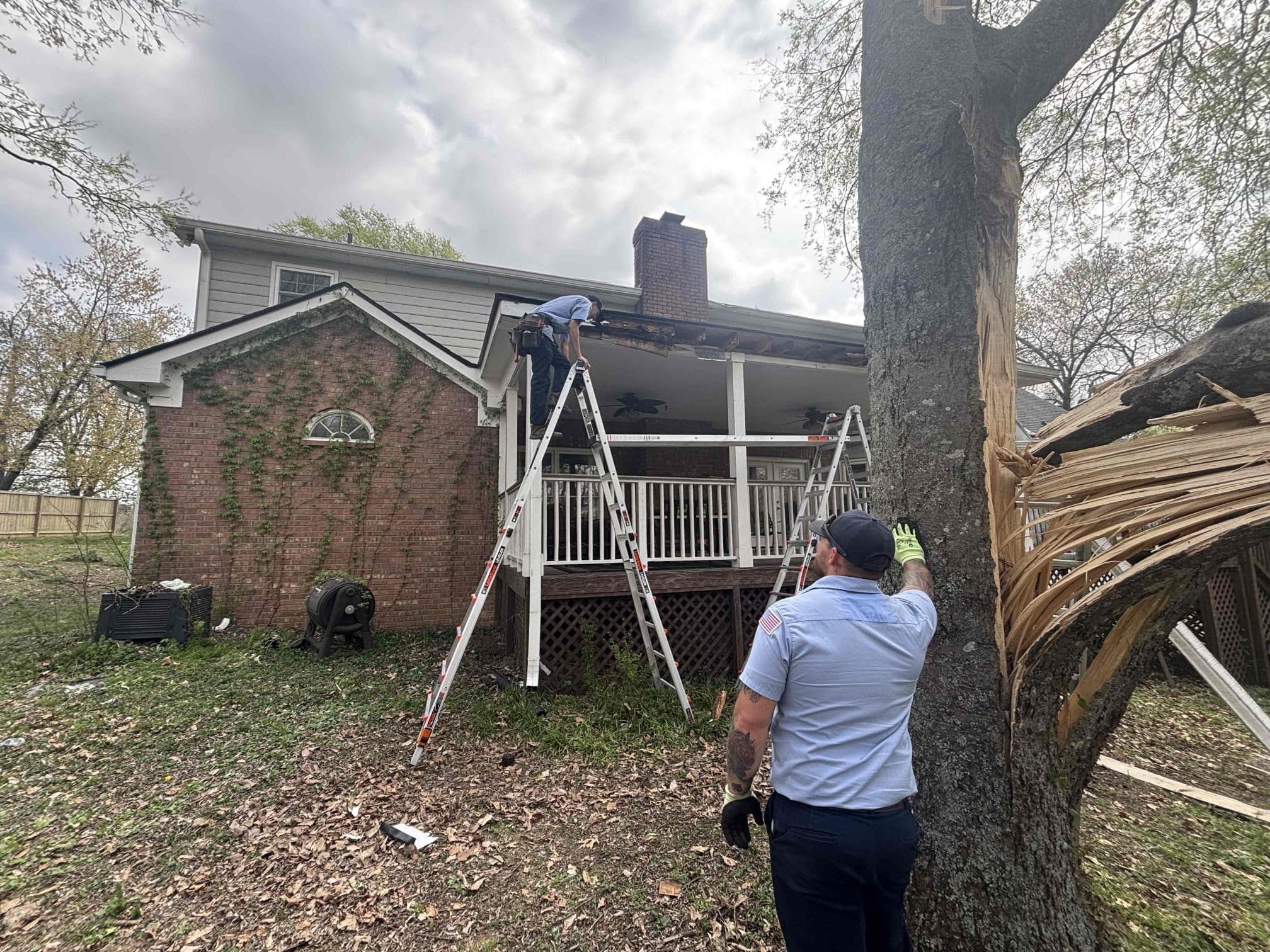 Fallen tree storm damage on a Middle Tennessee roof inspected by Mr GoodRoof