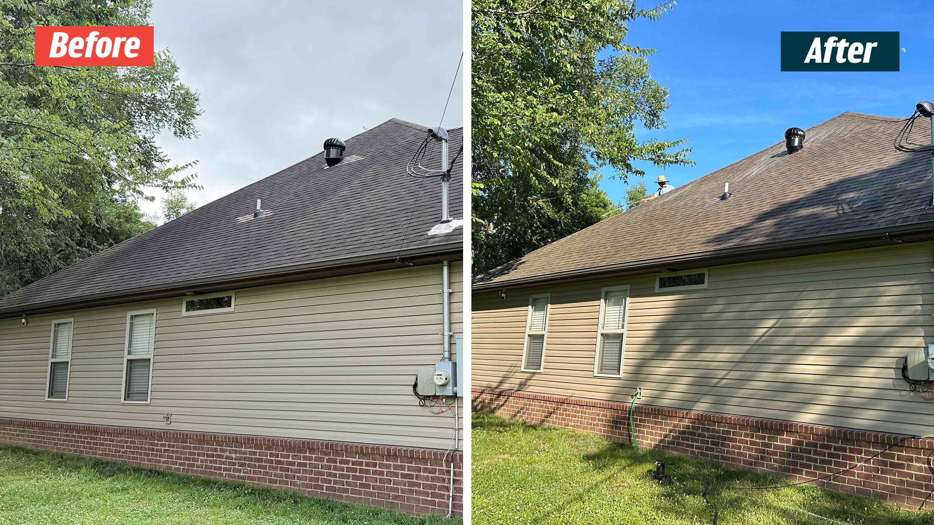 Before-and-after views of an asphalt-shingle roof above light siding at a GoodShield project in Lebanon, Tennessee.