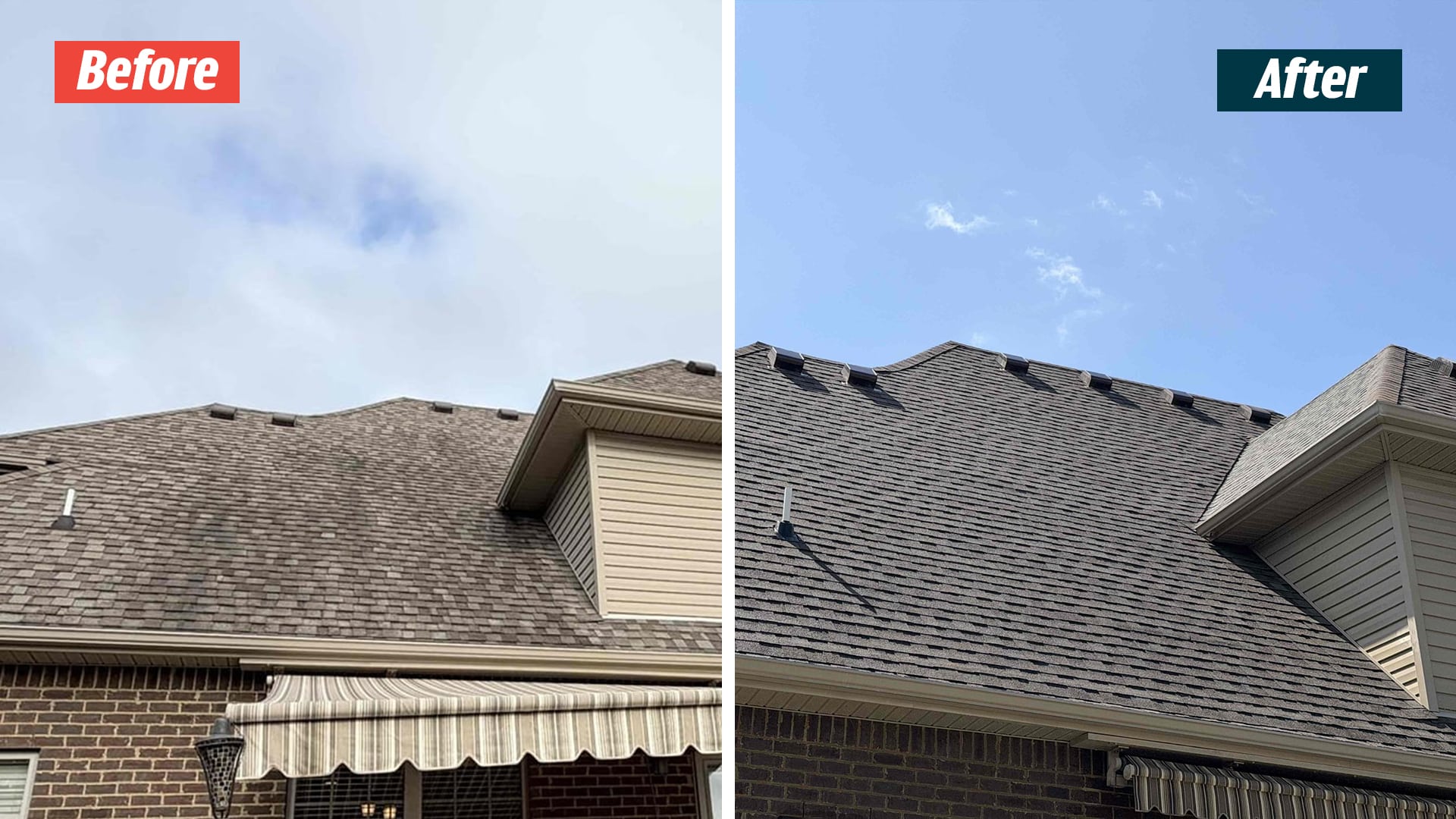 GoodShield before-and-after comparison of the rear shingle roof, box vents and patio awning at a Murfreesboro home.