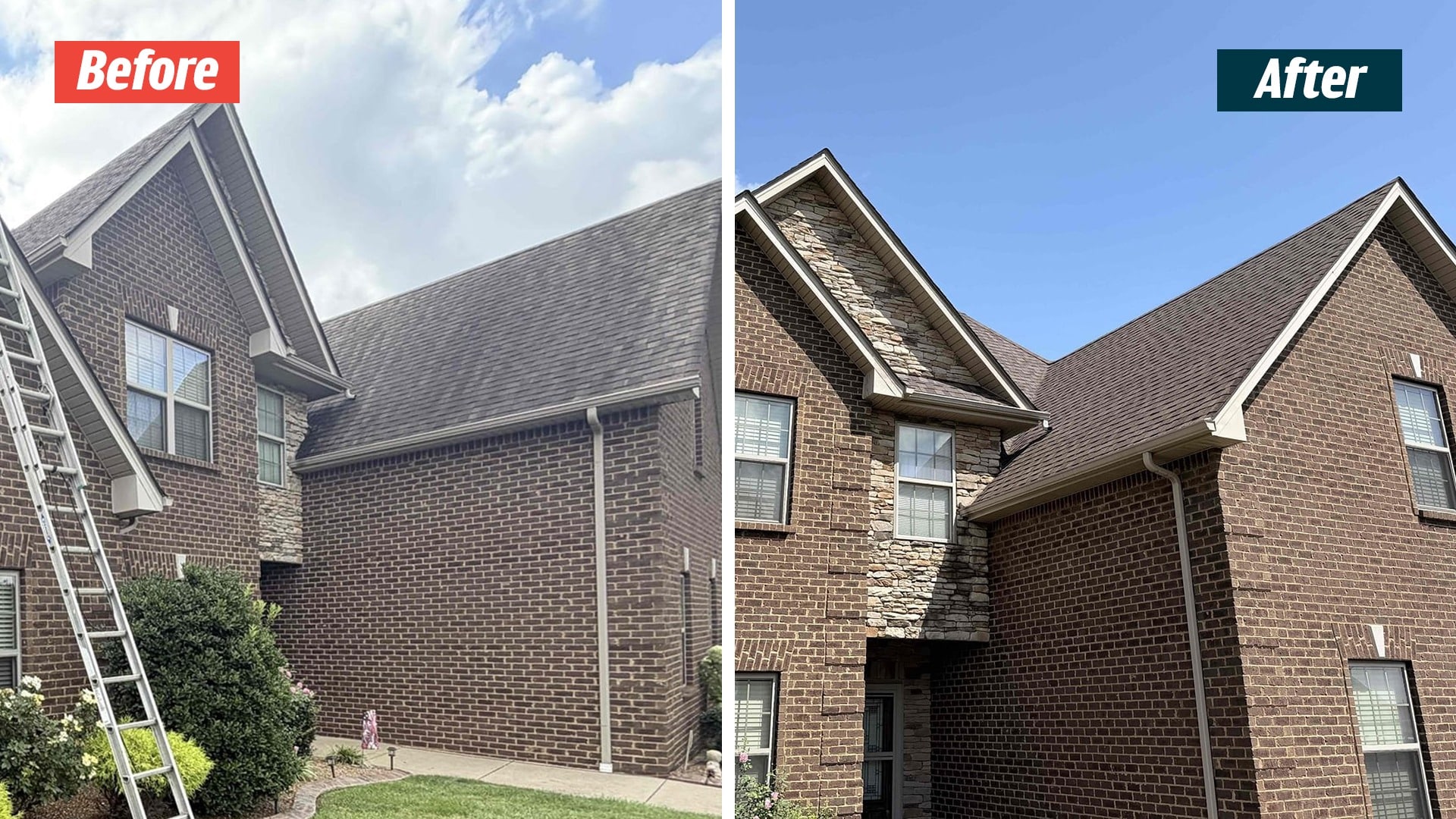 Front gables and shingle roof on a brick-and-stone Murfreesboro home before and after the GoodShield project.