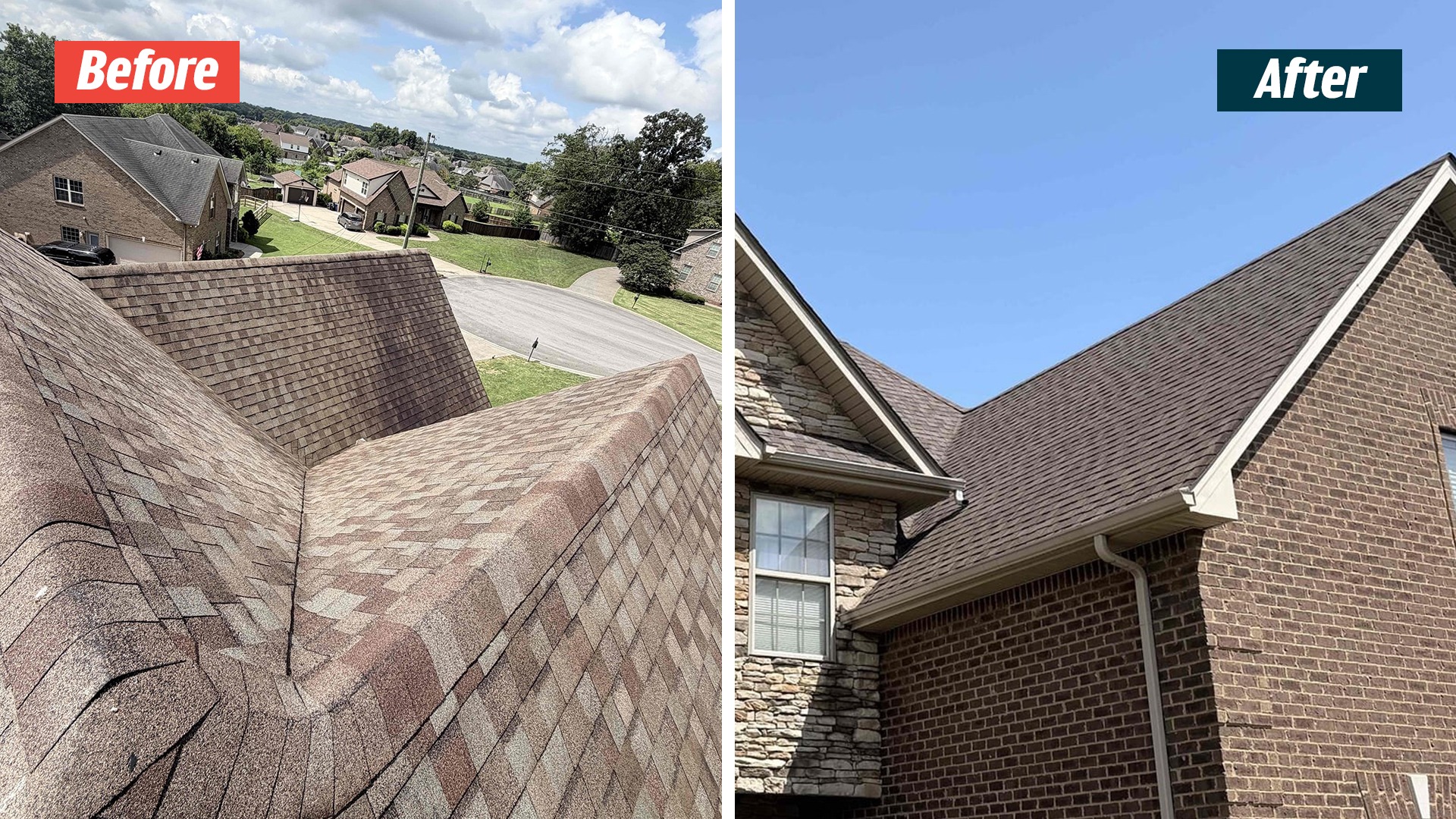 Roof-level view of a valley beside a front gable, paired with a ground-level view from the Murfreesboro GoodShield project.