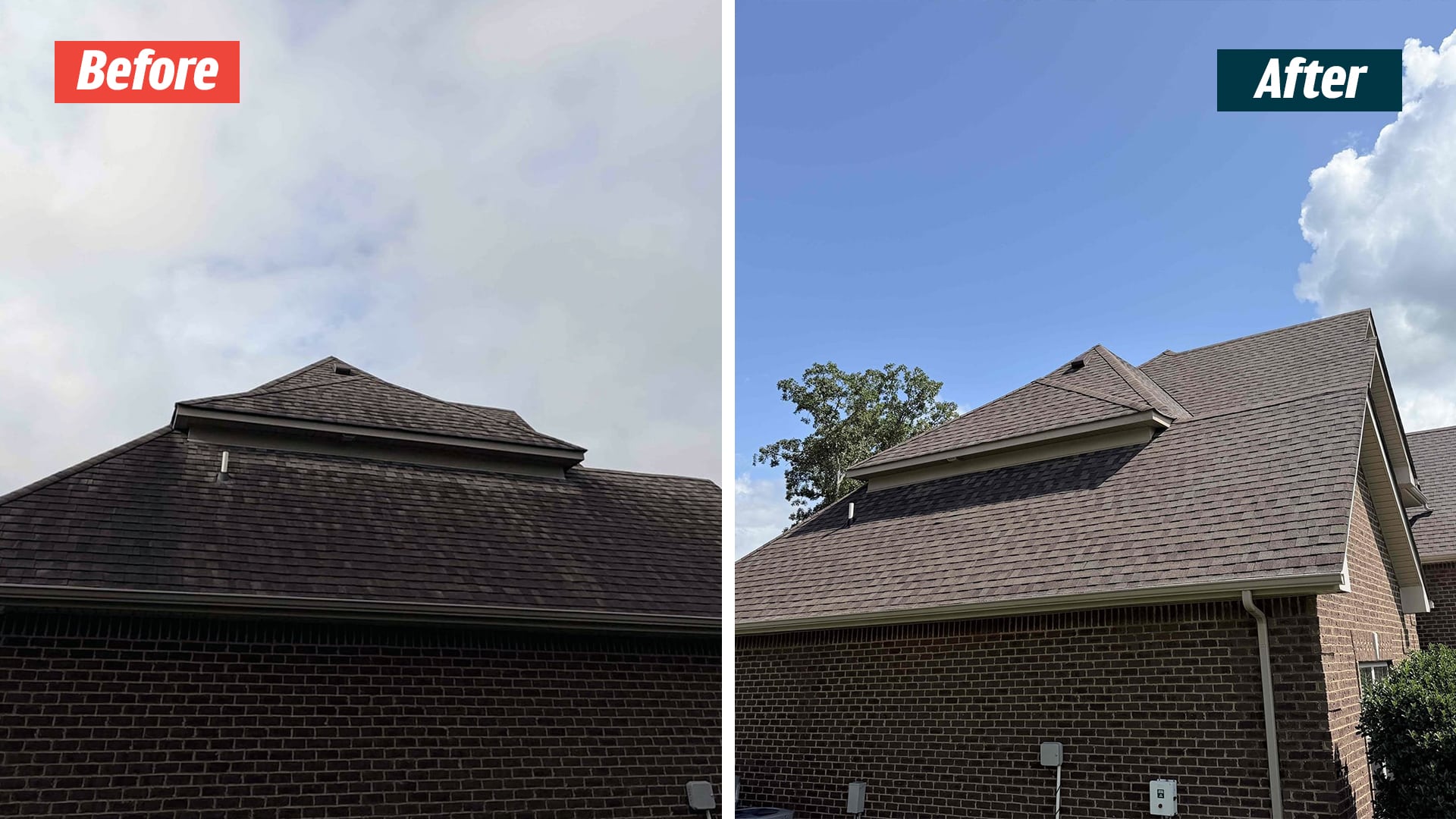 Shingle roof slope below a dormer on a brick Murfreesboro home in the supplied GoodShield before-and-after graphic.