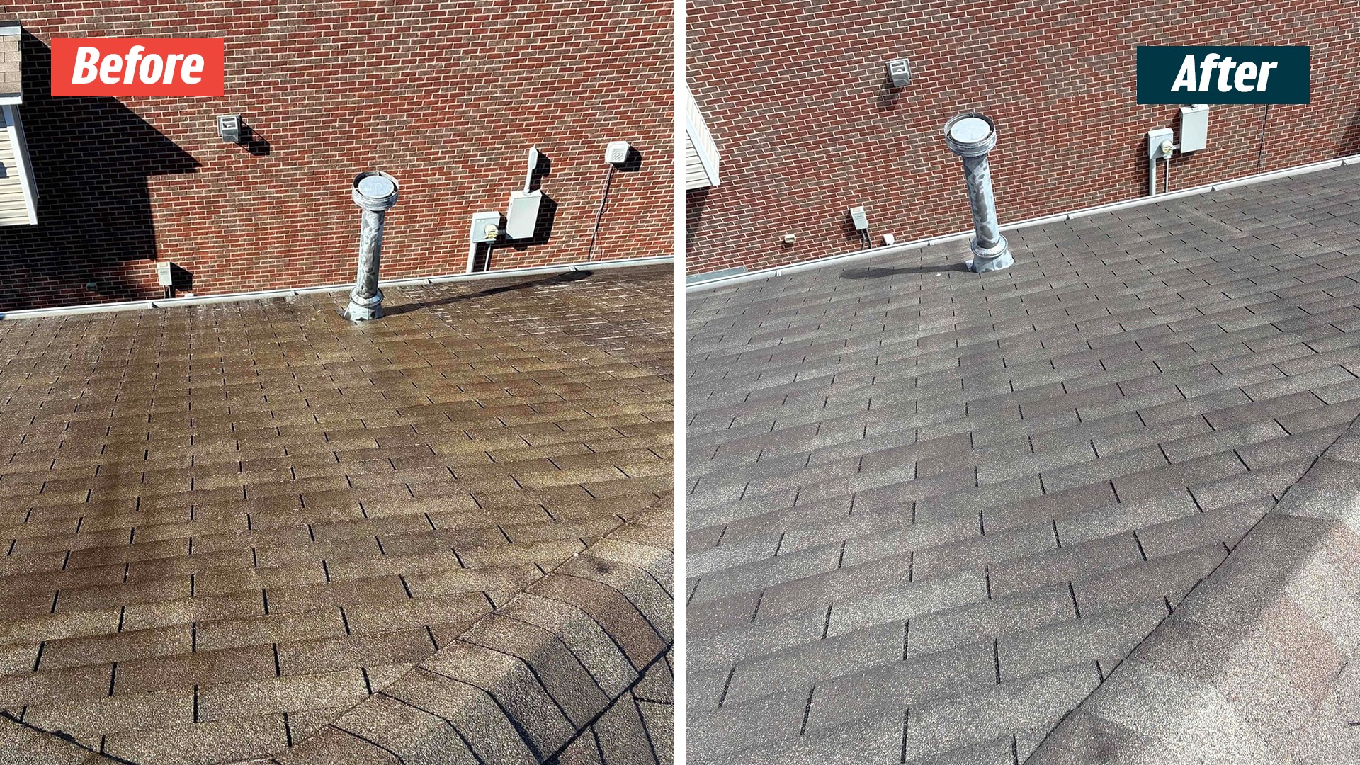 Side-by-side Antioch roof photos showing shingles around a metal penetration, with a neighboring brick wall behind.