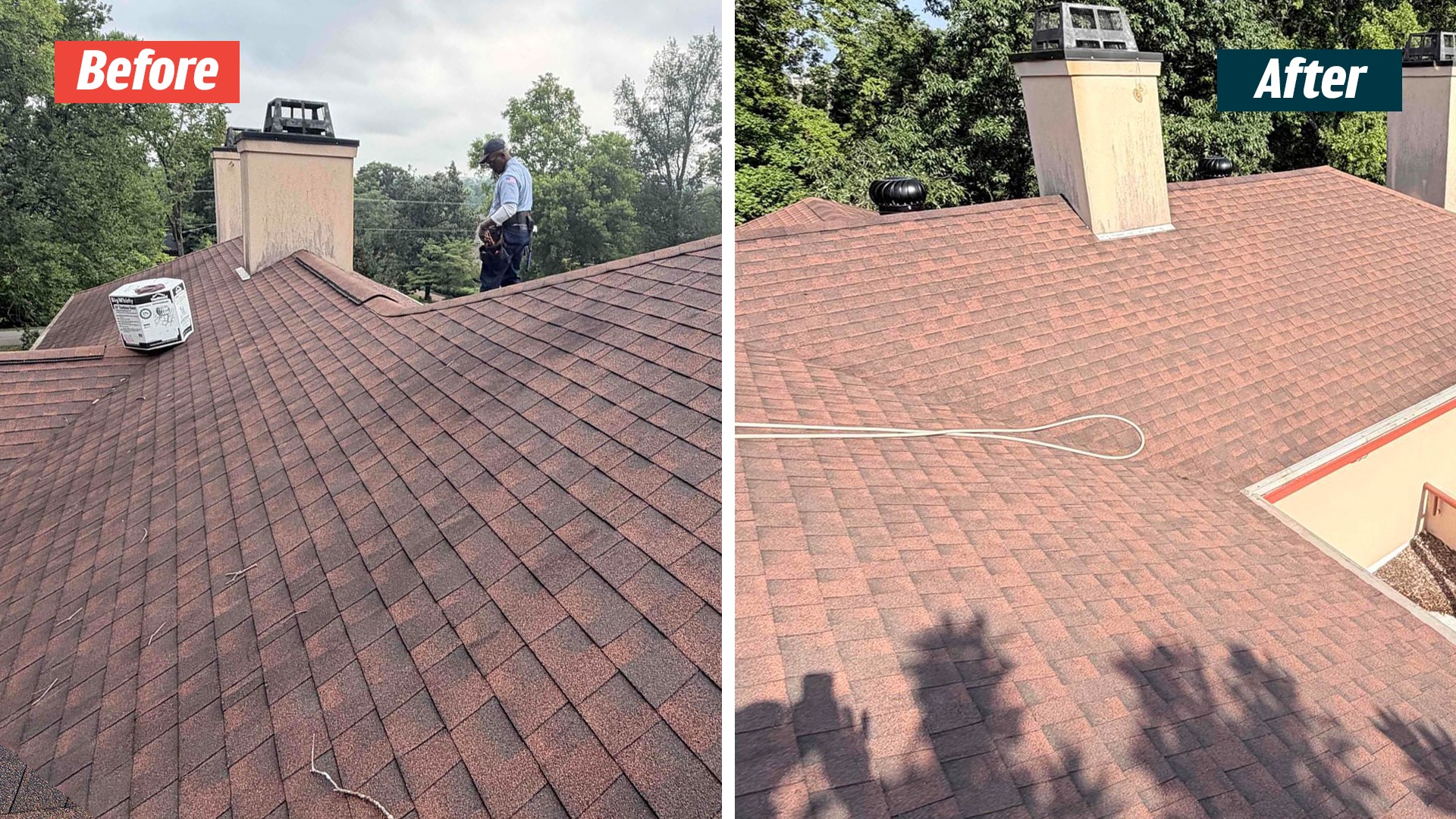 Red-toned shingles and chimneys before and after the Nashville GoodShield project, with turbine vents in the after view.