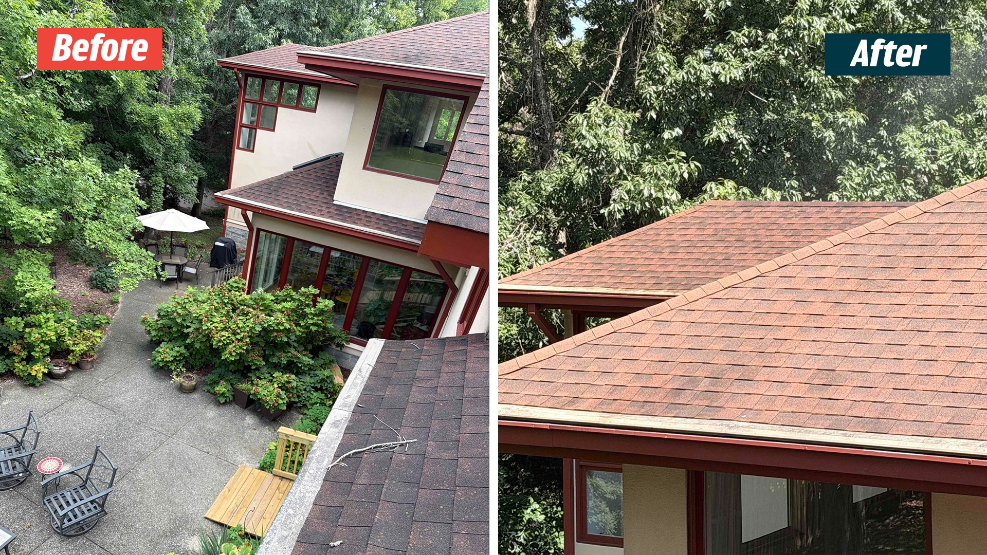 Courtyard and lower roof sections with red-toned shingles in a Nashville GoodShield before-and-after comparison.