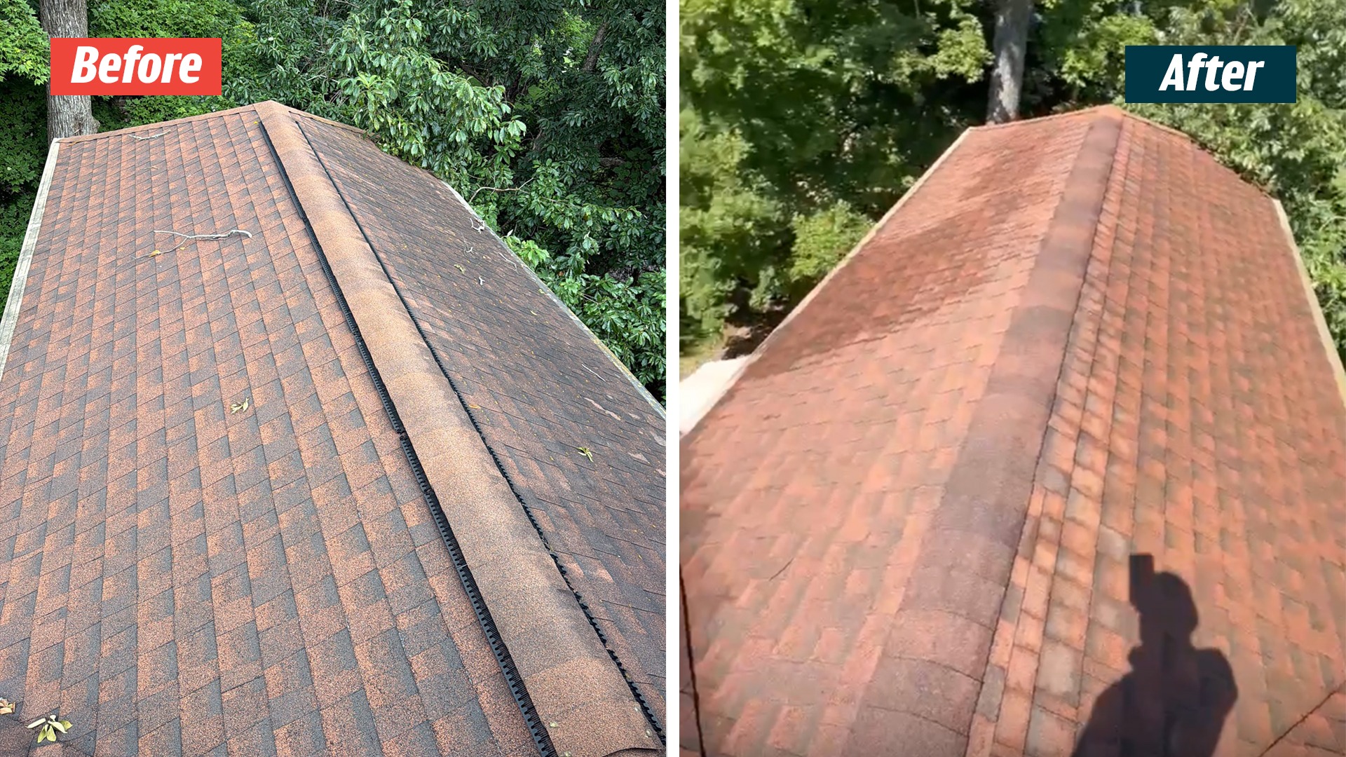 Red-toned asphalt shingles along a roof ridge in the supplied Nashville GoodShield before-and-after graphic.