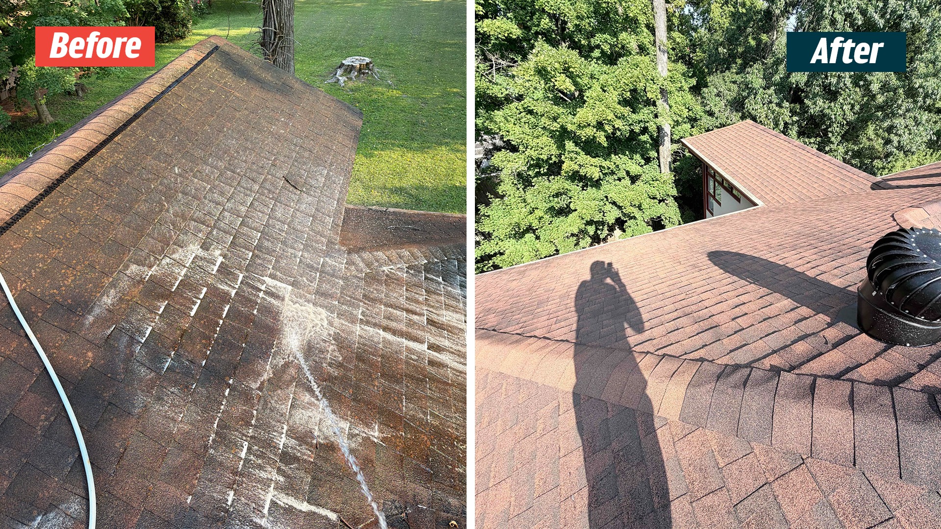 Roof cleaning-stage image with residue and a hose, paired with red shingles and a turbine vent at the Nashville GoodShield project.
