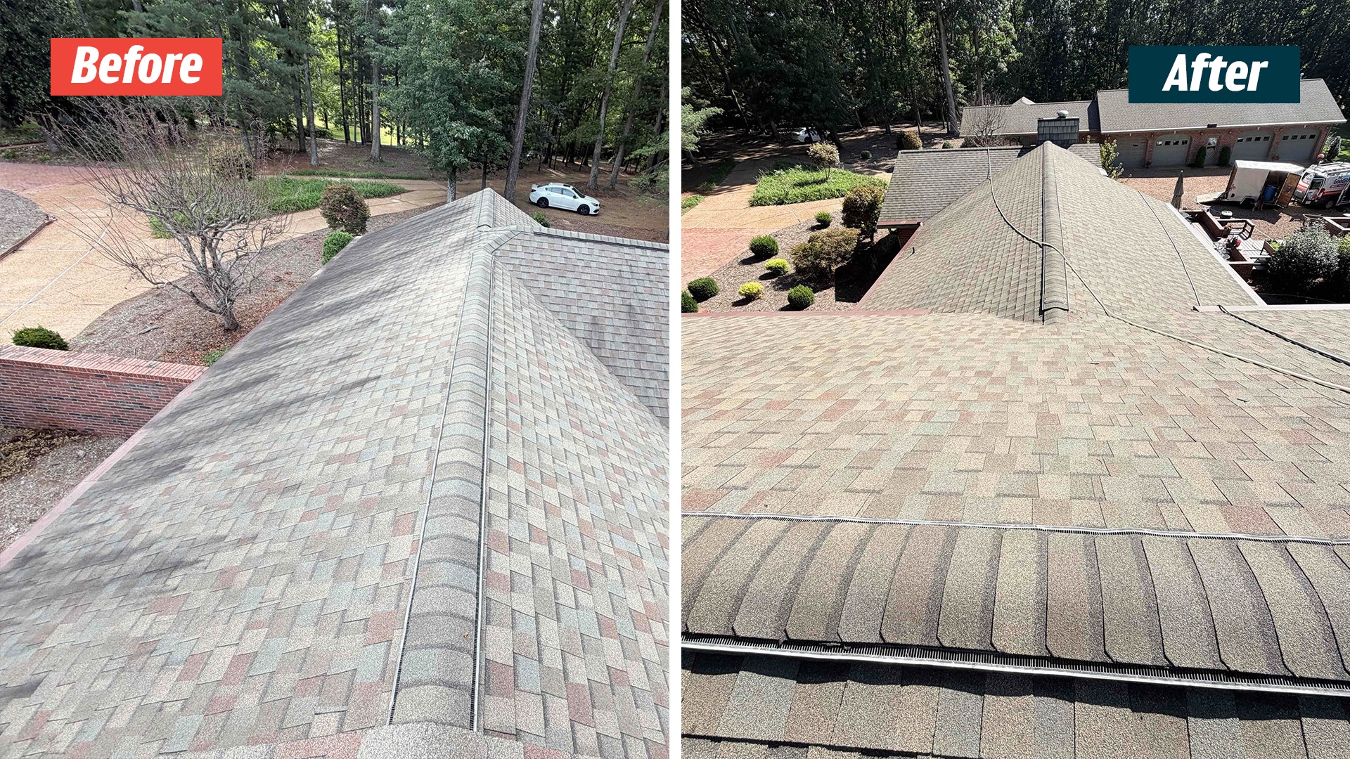 Rooftop views of a multi-section shingle roof and ridge vents in a Cookeville GoodShield before-and-after comparison.