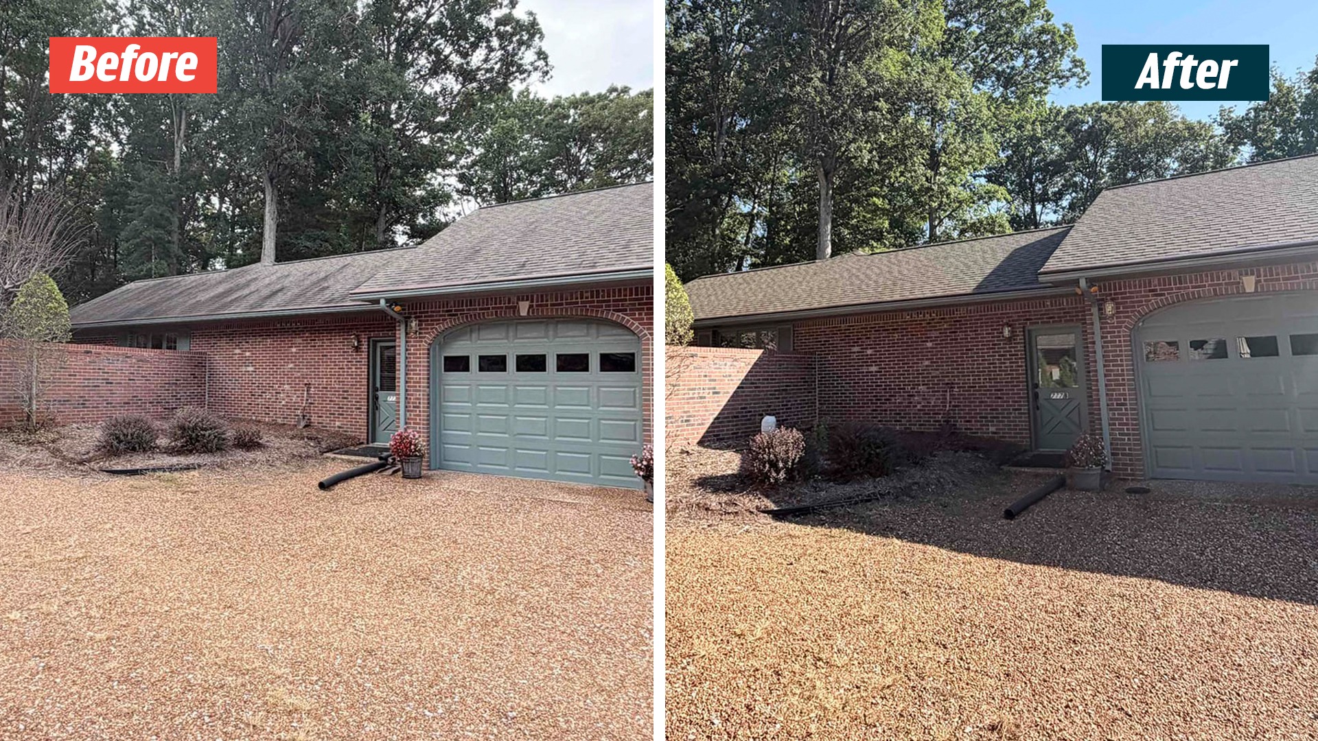 Brick garage and side-entry roof in a Cookeville GoodShield before-and-after graphic, photographed in different lighting.