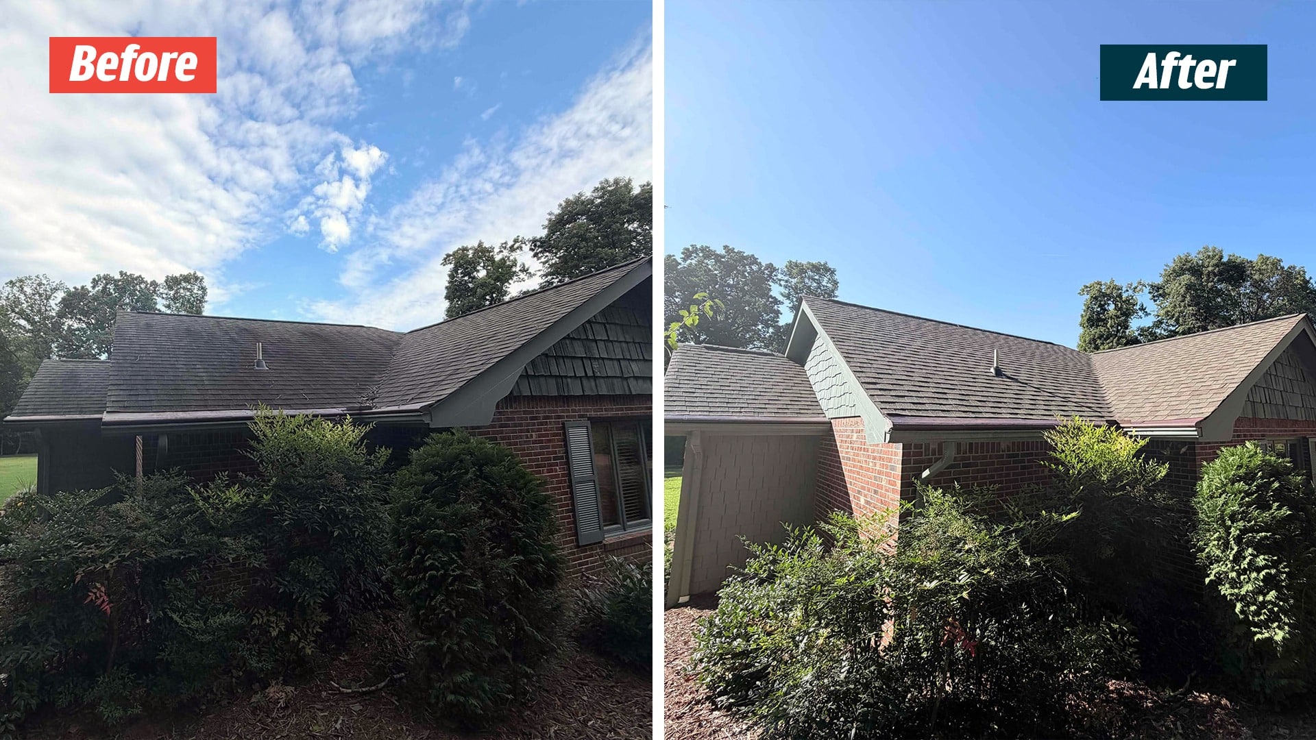 Front roof gables and brick exterior of a Cookeville home in the supplied GoodShield before-and-after comparison.
