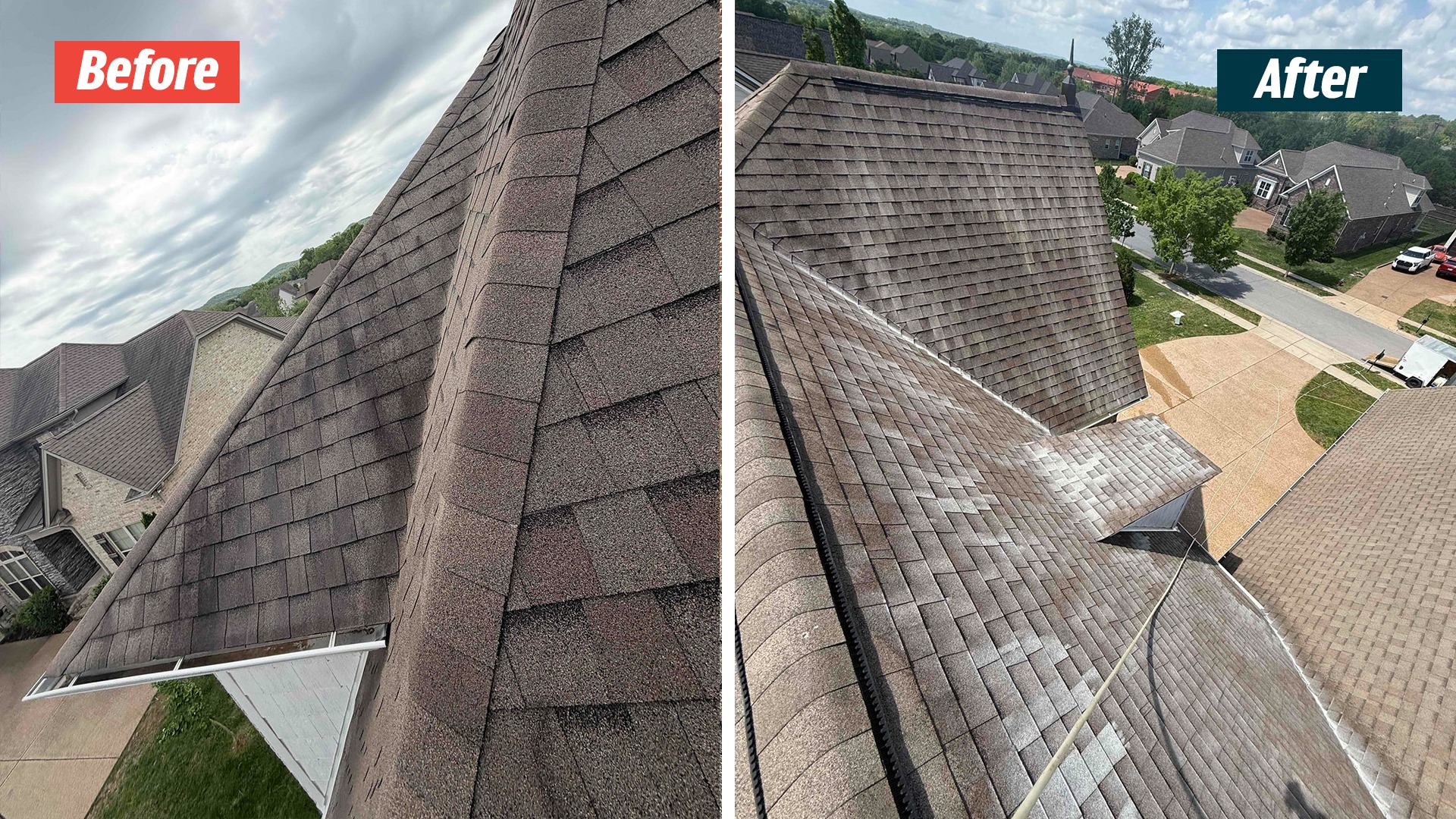 Nolensville roof-ridge photos, including an after-labeled panel with visible light treatment residue and work hoses.