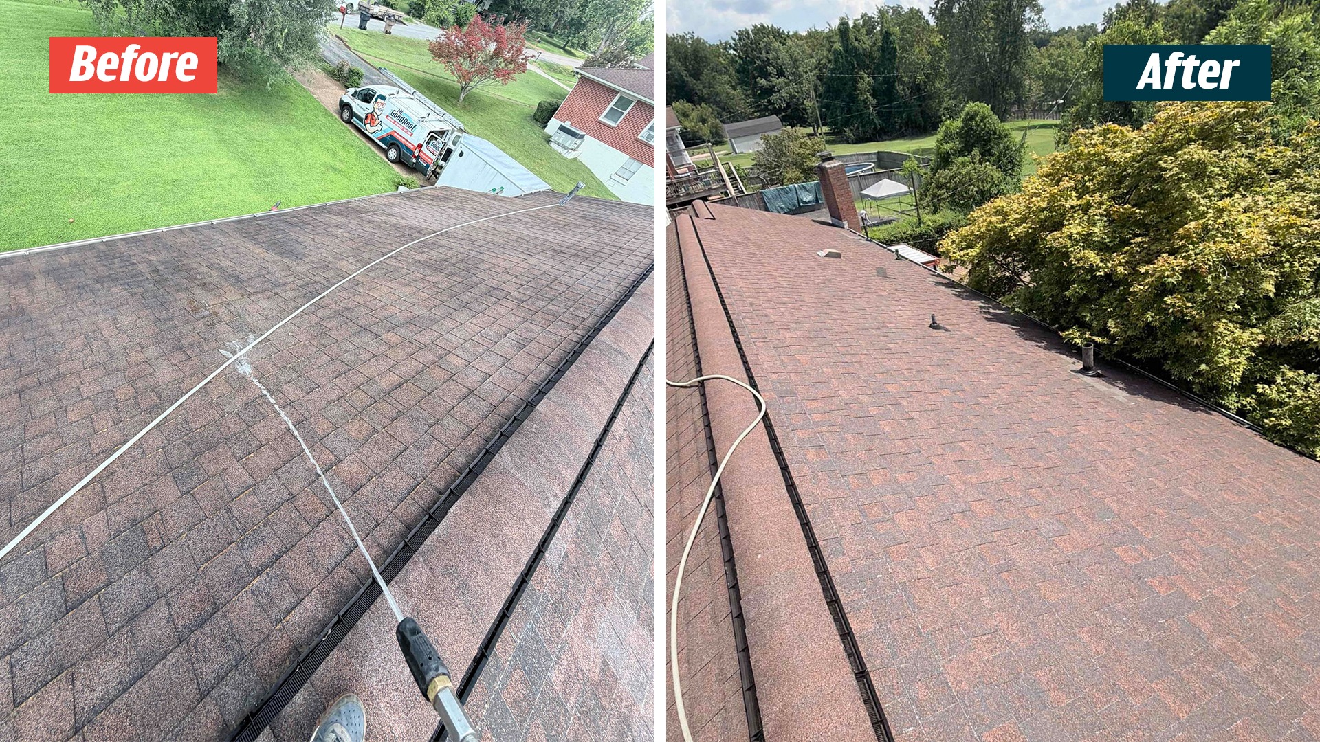 Nashville shingle roof during on-roof work, paired with the supplied after view of roof pipes and an adjacent tree.