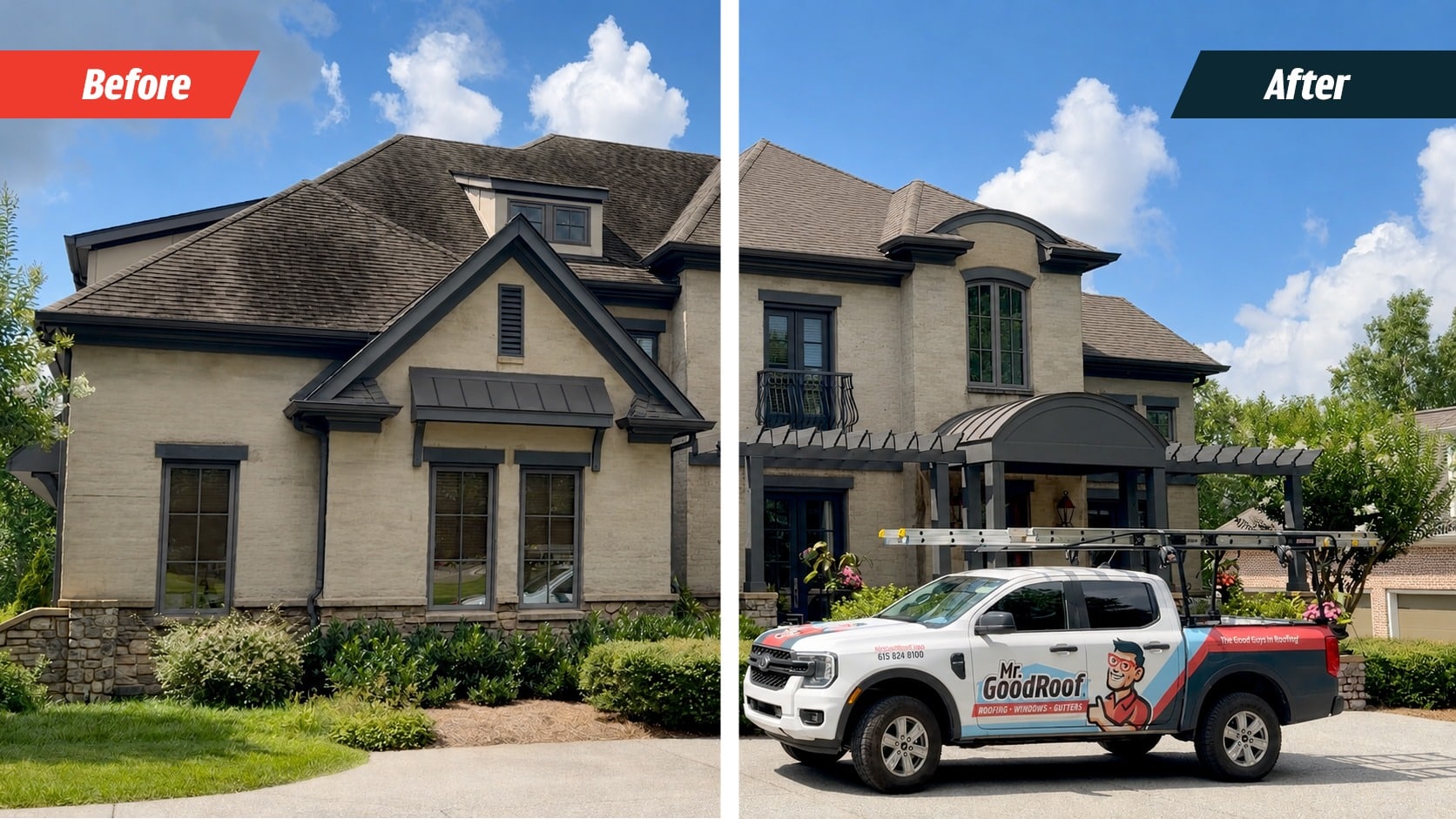 Before-and-after graphic showing a light brick home with a dark shingle roof and a Mr. GoodRoof service truck.