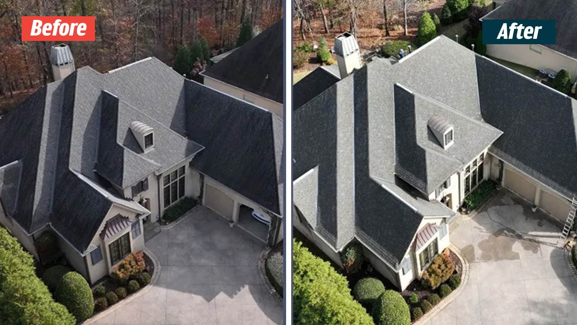 Aerial before-and-after views of a shingle roof with dormers and a chimney at a Green Hills, Nashville GoodShield project.