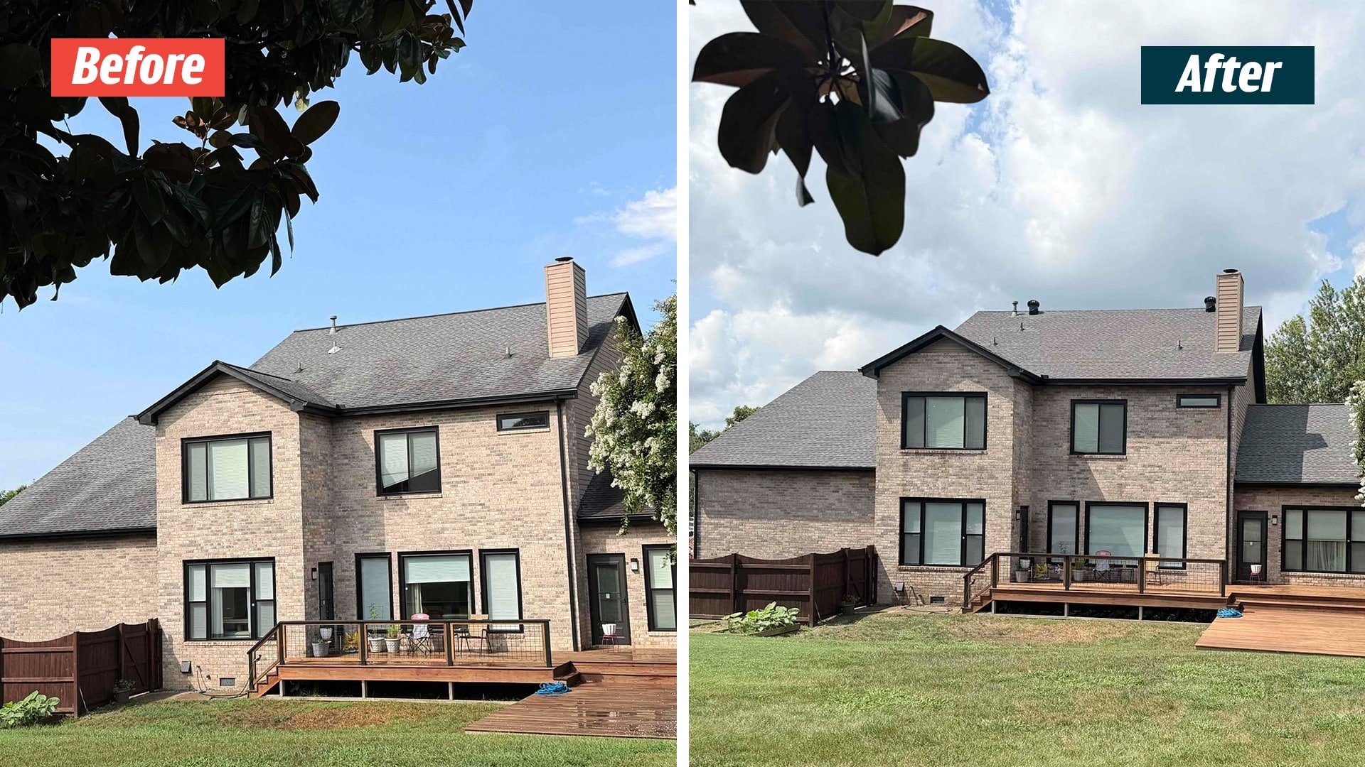 Rear exterior of a two-story brick Brentwood home, showing the roof, chimney and deck before and after the GoodShield project.