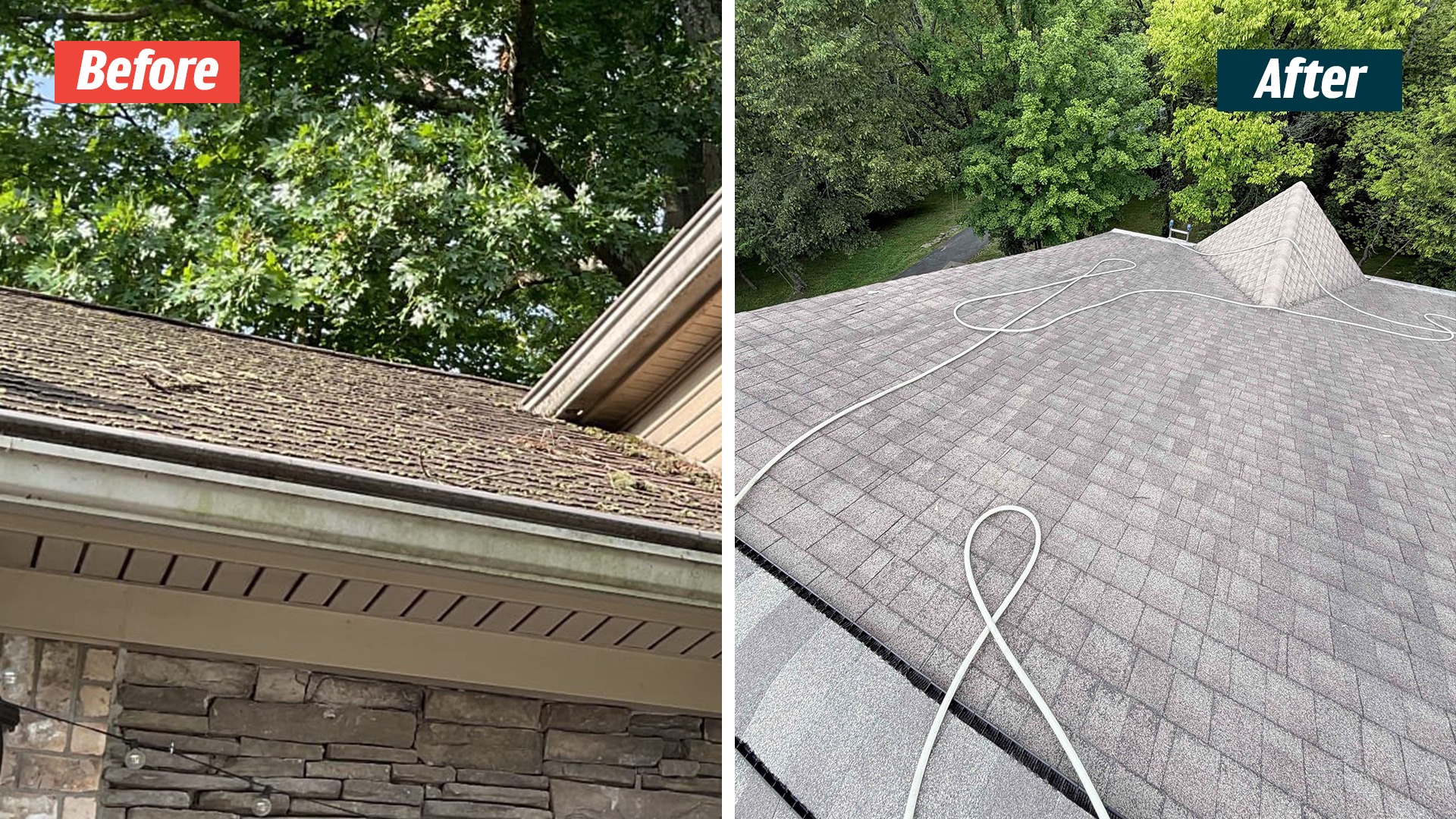 Debris along a roof eave, paired with a later rooftop view from a GoodShield project in Nashville, Tennessee 37211.