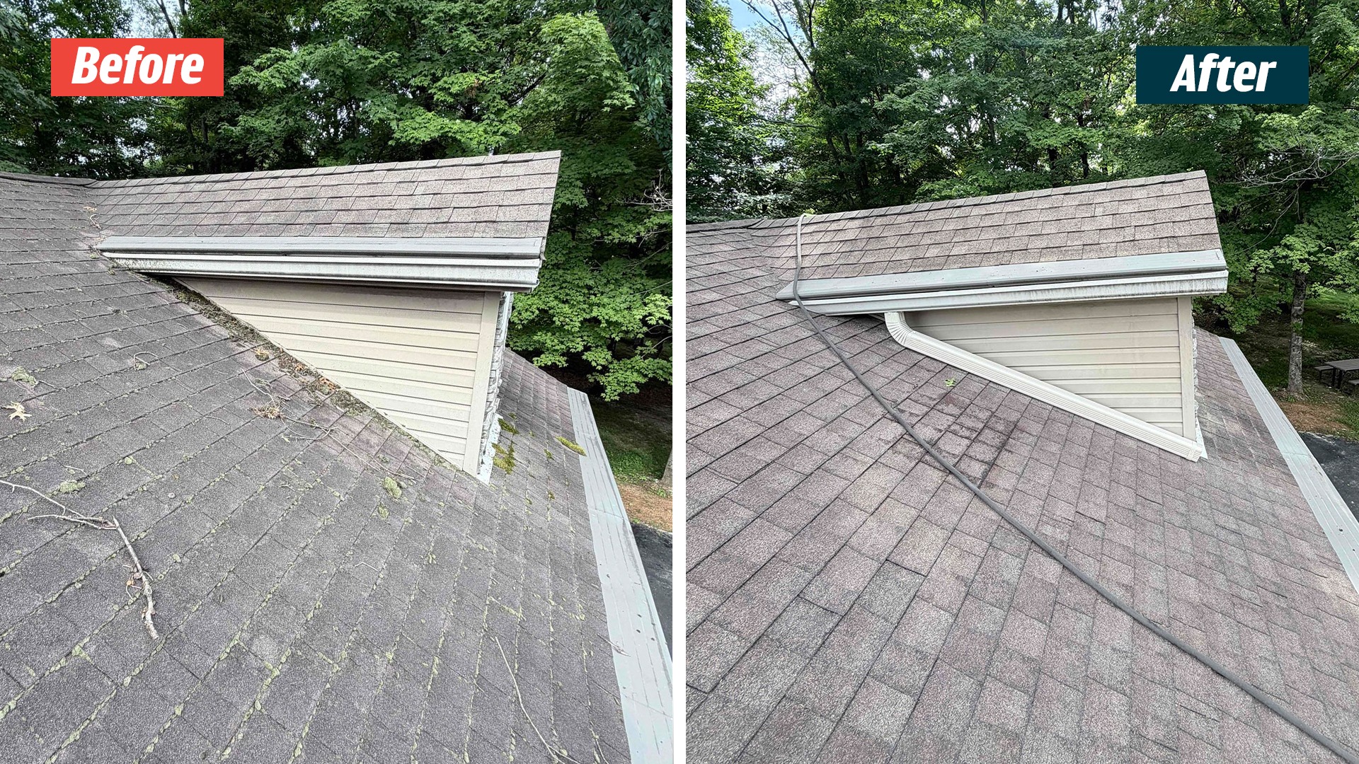 Debris beside a dormer before service, paired with cleared shingles and a downspout extension at a Nashville GoodShield project.