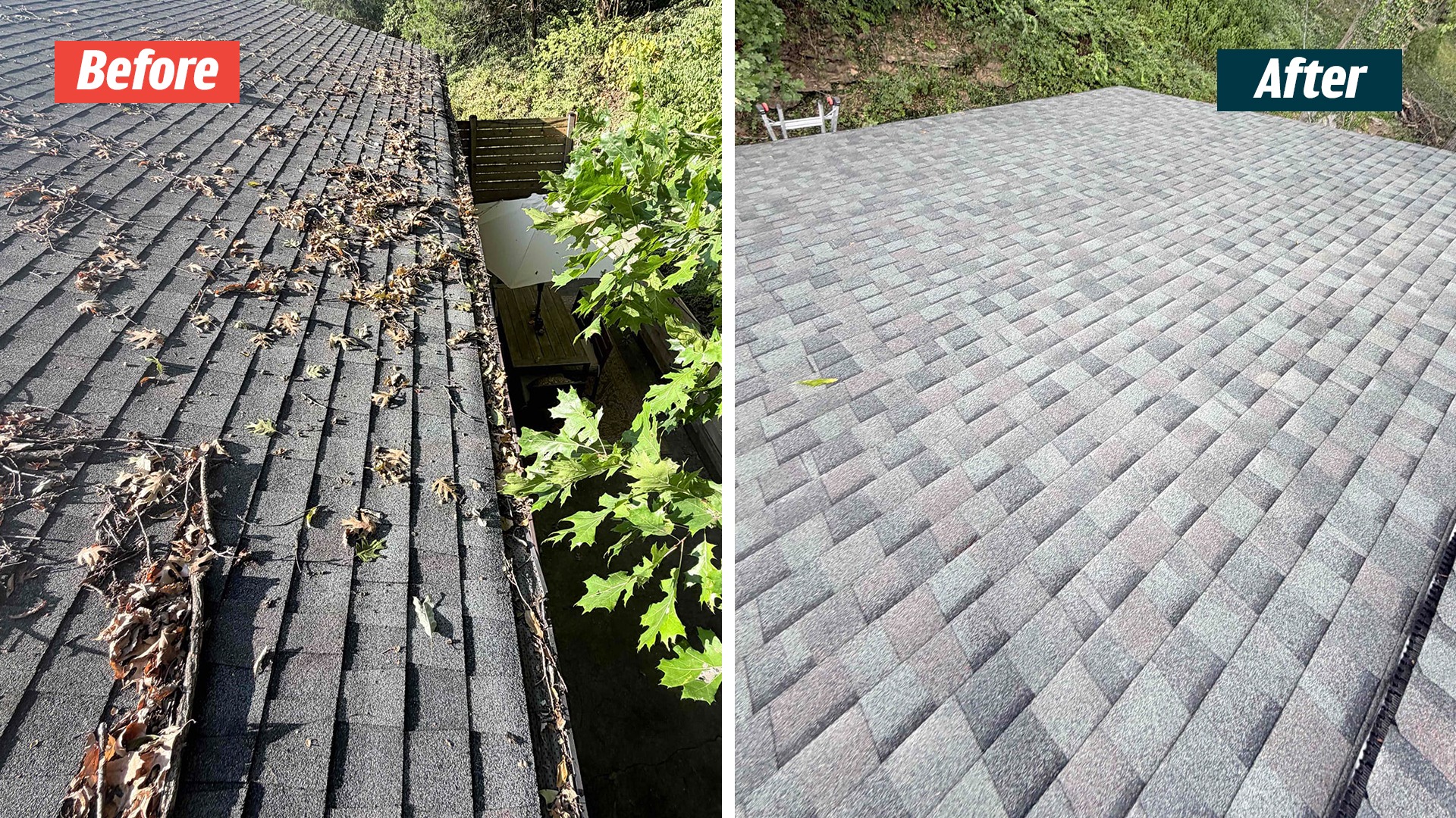 Leaves along a roof edge before service, beside a wide cleared shingle-roof view from a Nashville-area GoodShield project.