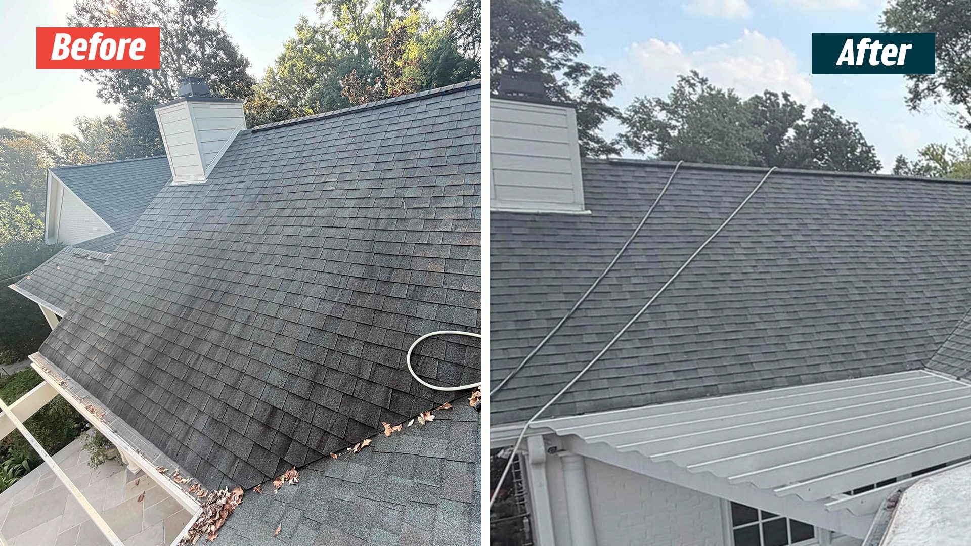 Shingle roof beside a white chimney before and after a Nashville-area GoodShield project, with a metal porch roof below.