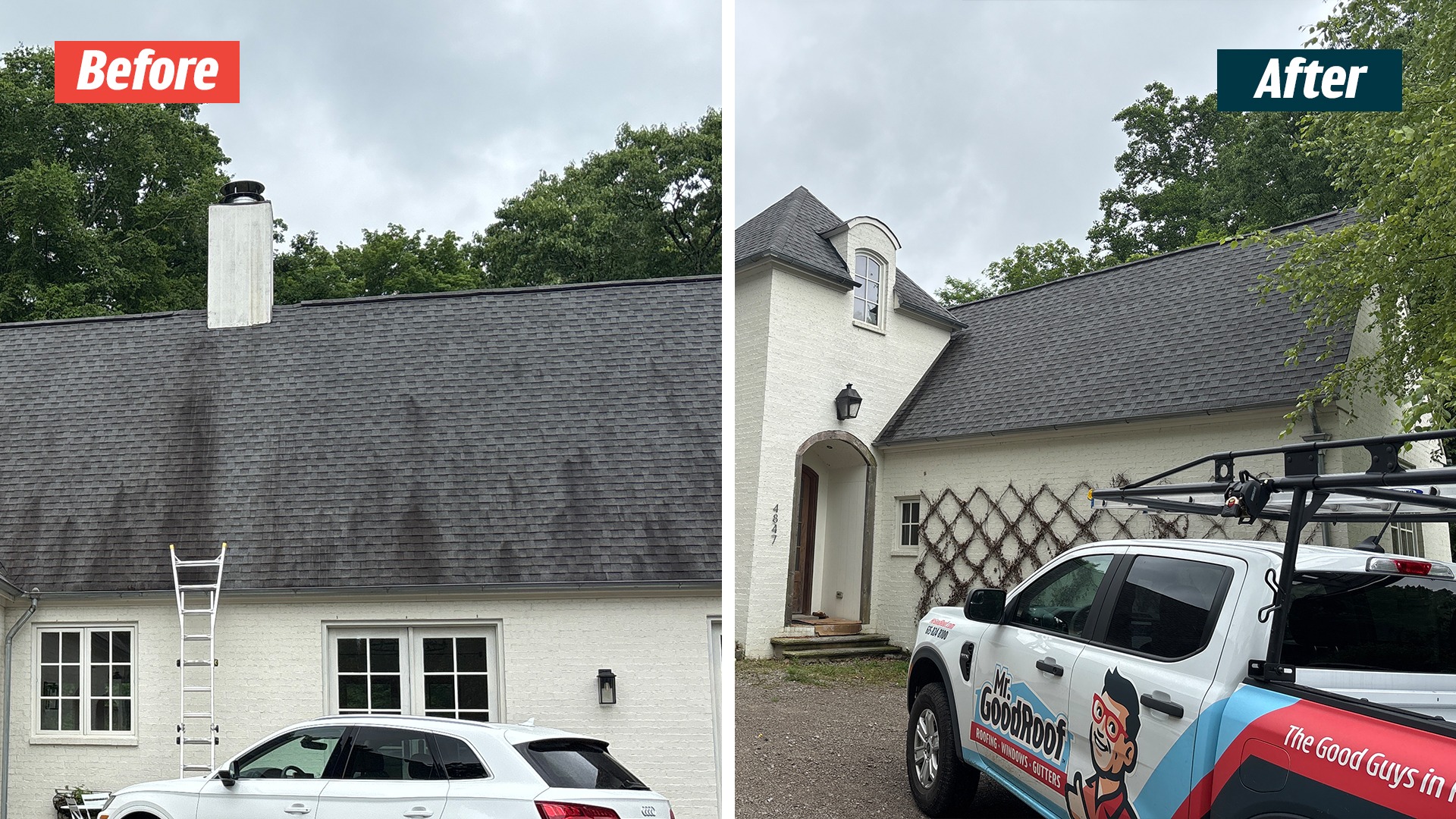 White brick home with roof streaking before service, paired with another roof view and a Mr. GoodRoof truck in Nashville.
