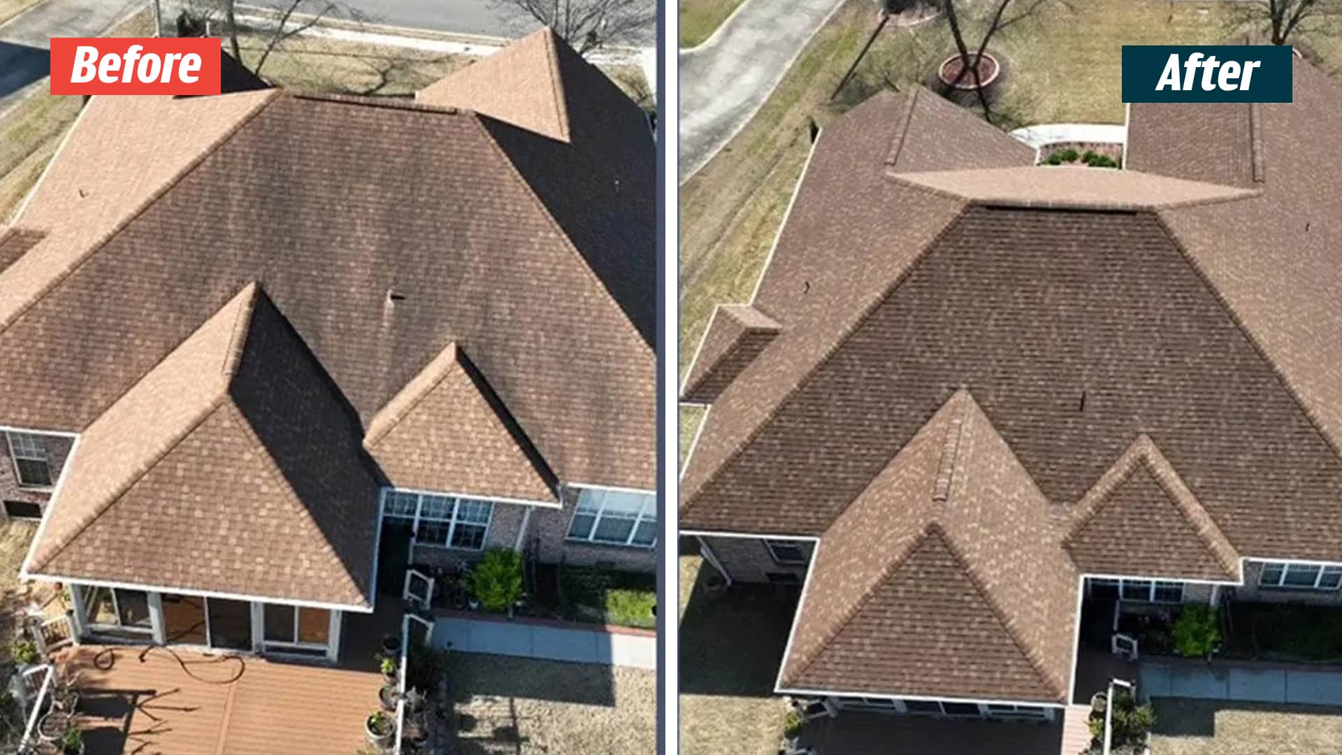 Aerial before-and-after views of a Nashville home with a shingle roof, projecting porch roof and backyard deck.