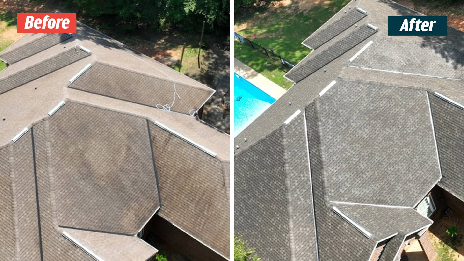 Aerial before-and-after views of intersecting shingle roofs and ridge vents, with a pool visible at a Nashville project.
