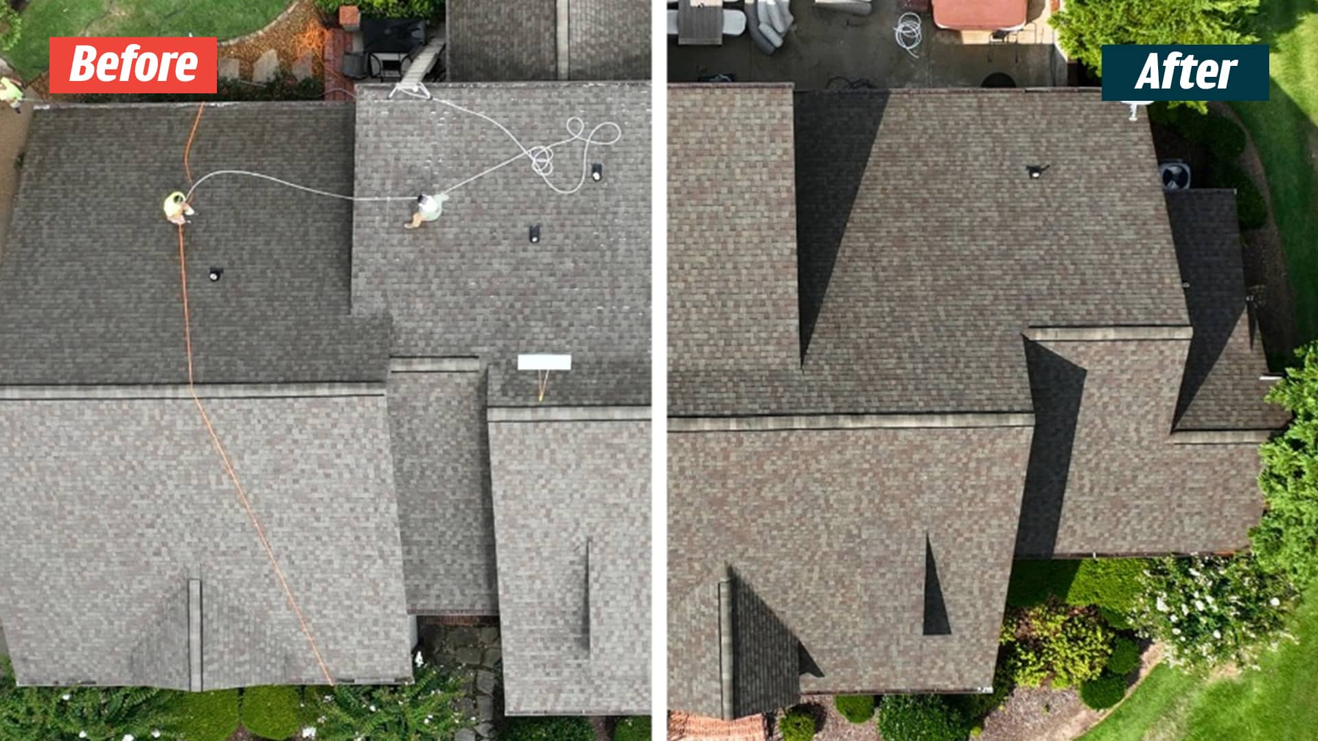 Overhead Nashville roof comparison, with crew and hoses in the before panel and clear views of the ridges in the after panel.