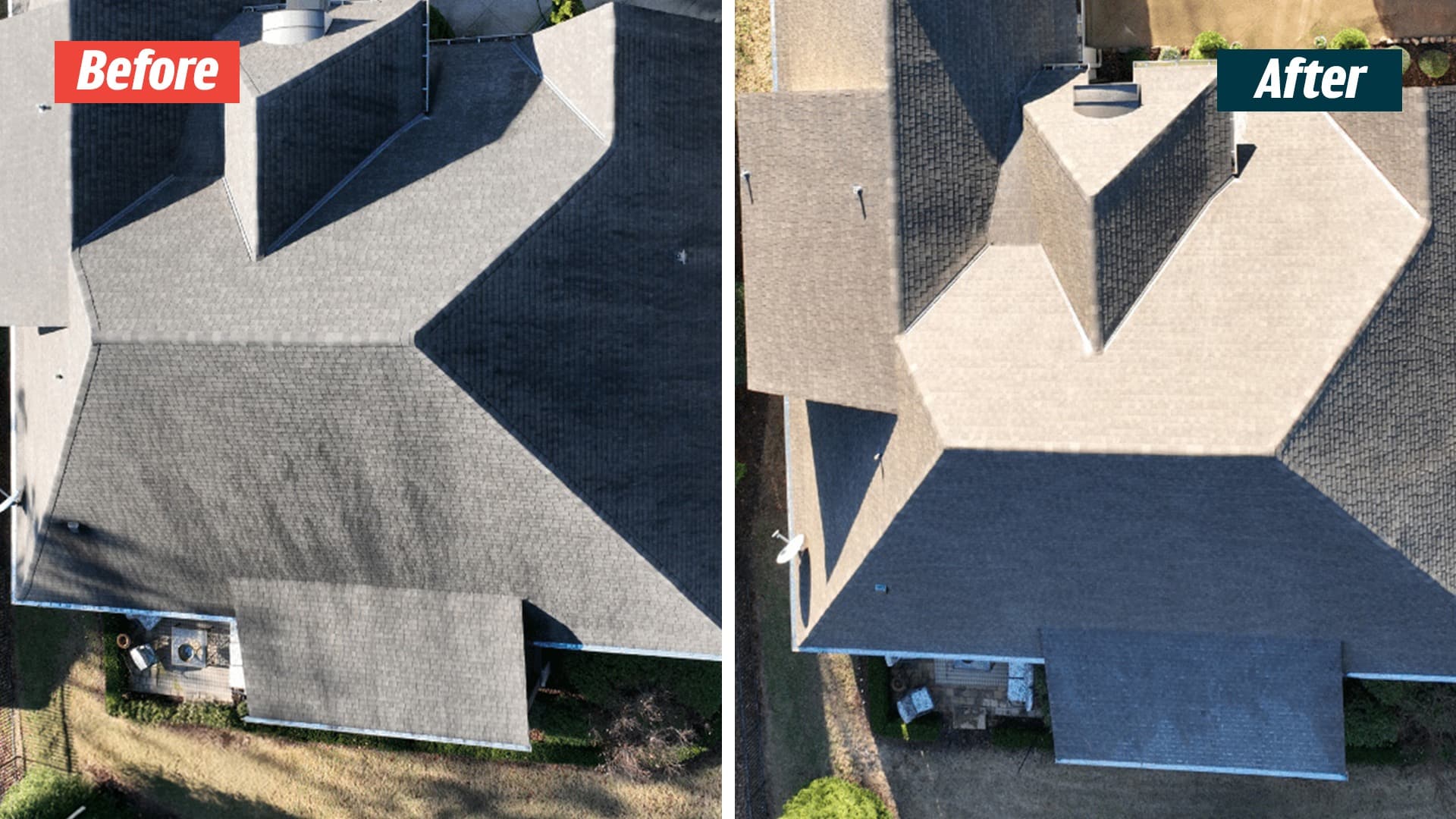 Overhead shingle-roof views showing dark streaks before service and the supplied GoodShield after image in Nashville.