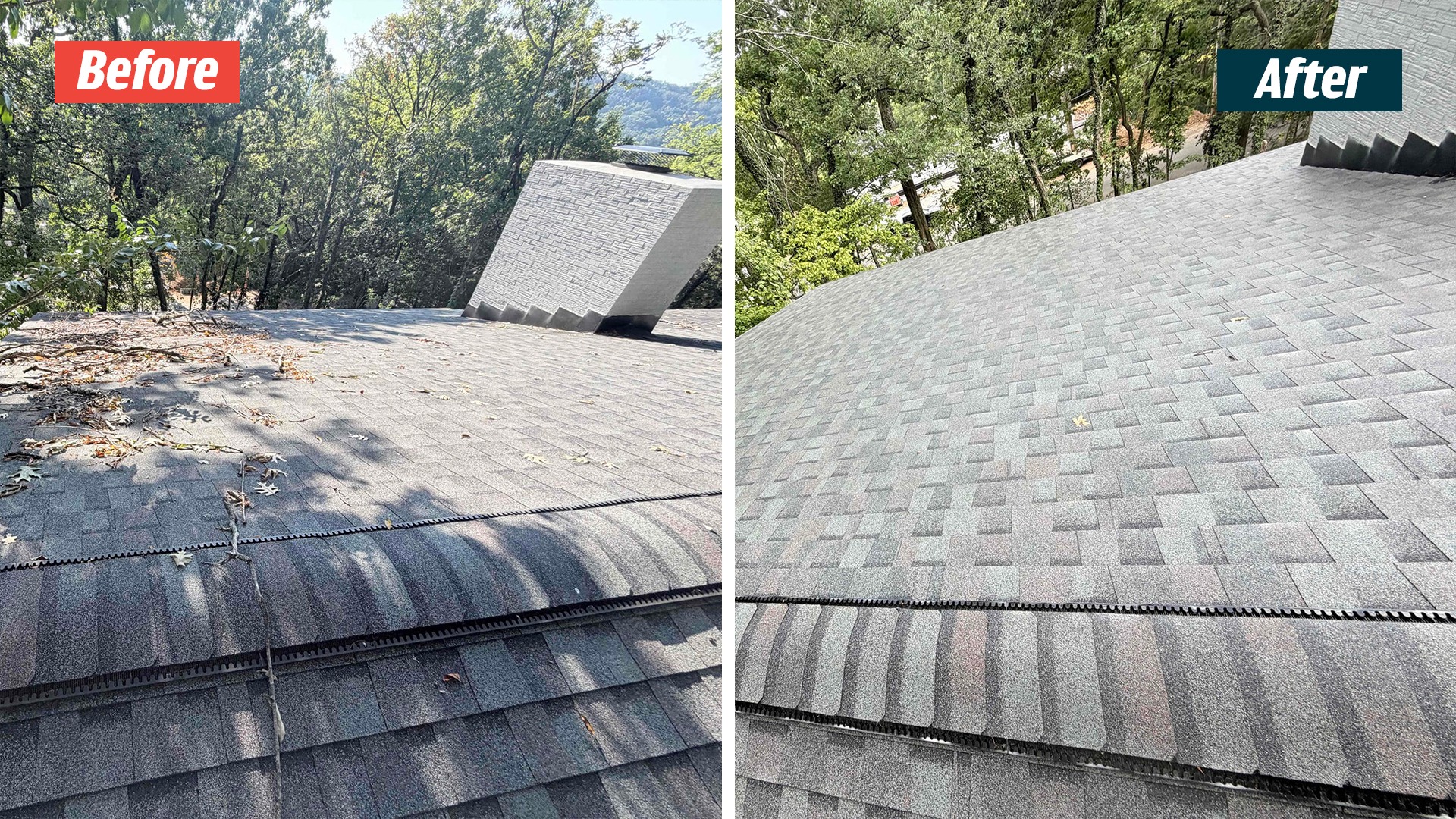 Branches and leaves near a roof ridge before service, paired with a cleared shingle slope beside a white chimney in Nashville.