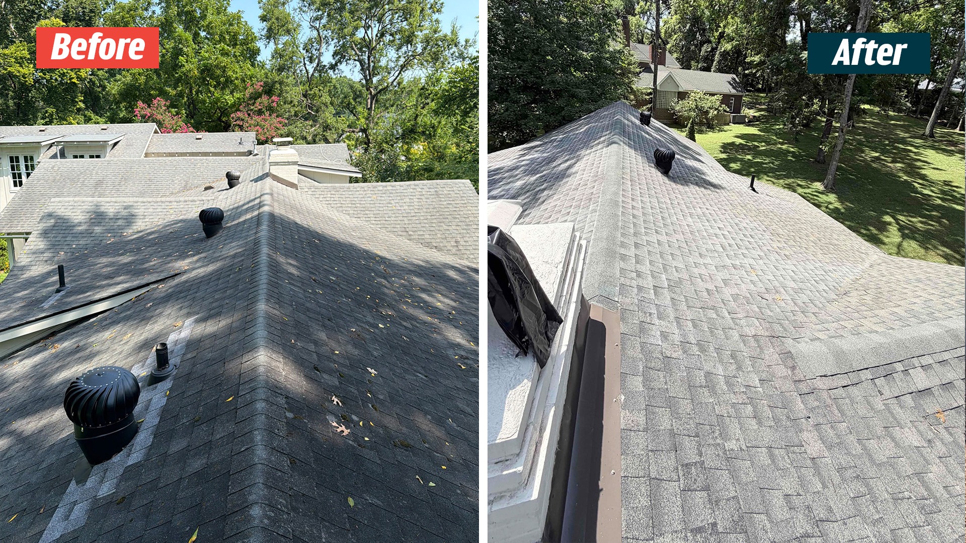 Leaf-scattered shingle roof with turbine vents, paired with a cleared roof view near a chimney in Nashville 37220.
