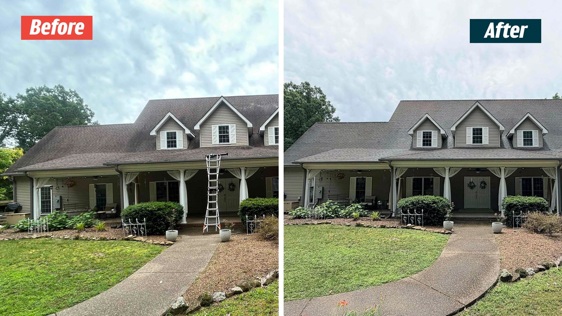 Home with dormers and a covered front porch in a Pegram GoodShield before-and-after comparison, with a ladder in the before view.