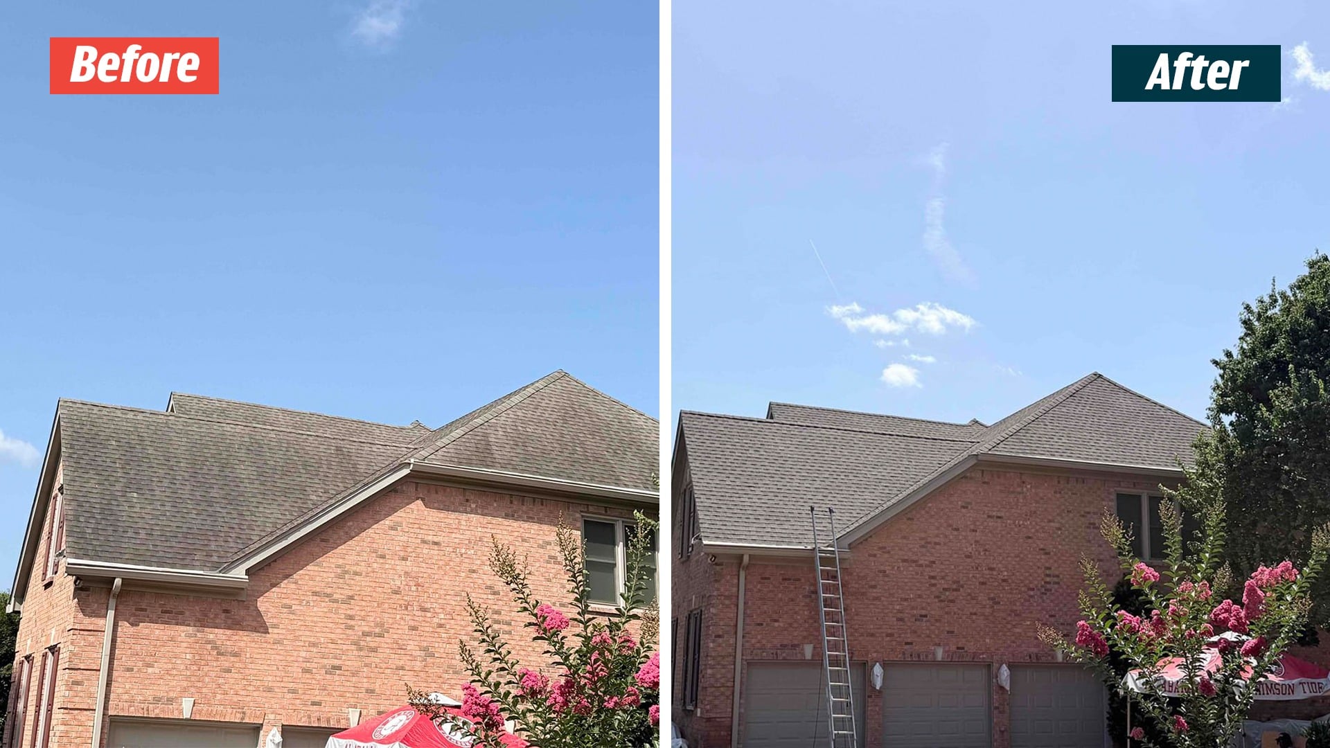 Shingle roof above garage doors on a brick Nashville home in a GoodShield before-and-after comparison, with a ladder in the after view.