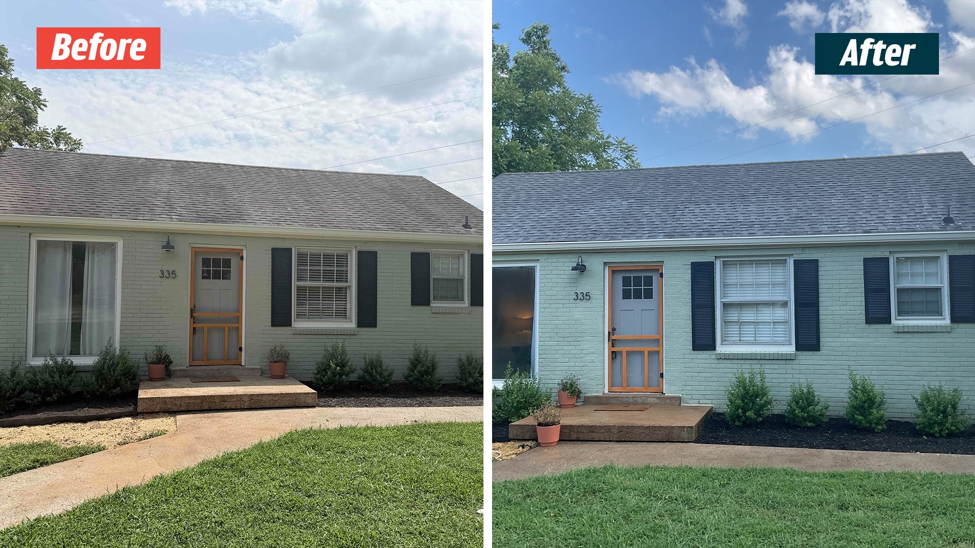 Front shingle roof above a painted-brick home with dark shutters and a screen door, before and after GoodShield in Nashville.