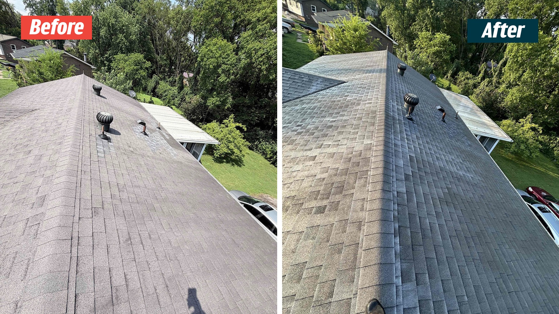 Back roof slope with turbine vents and pipes in a Hendersonville GoodShield before-and-after comparison, with trees behind.